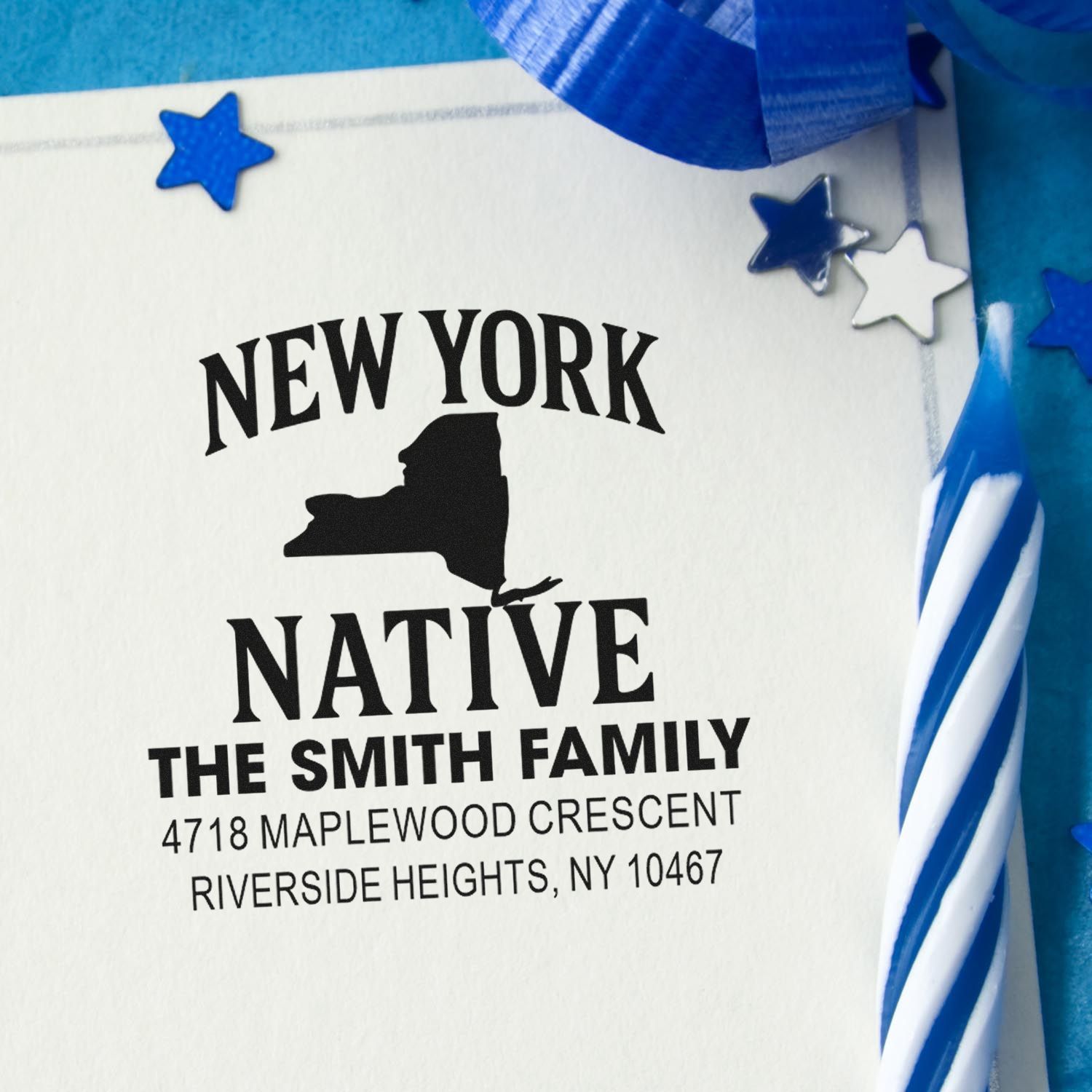 Custom New York Native family return address rubber stamp with The Smith Family, Riverside Heights, NY 10467.