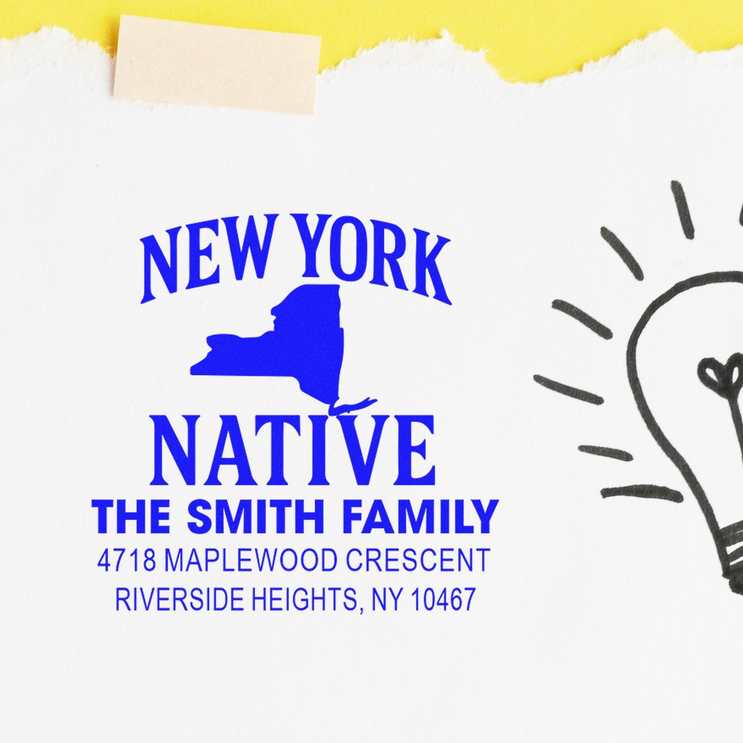Custom New York Native family return address rubber stamp with The Smith Family and Riverside Heights, NY address in blue ink.