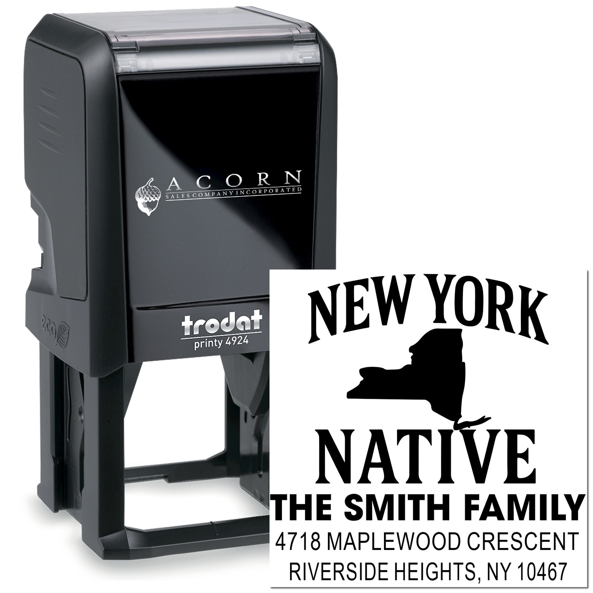 Custom self-inking rubber address stamp with New York Native design for The Smith Family, Trodat Printy 4924