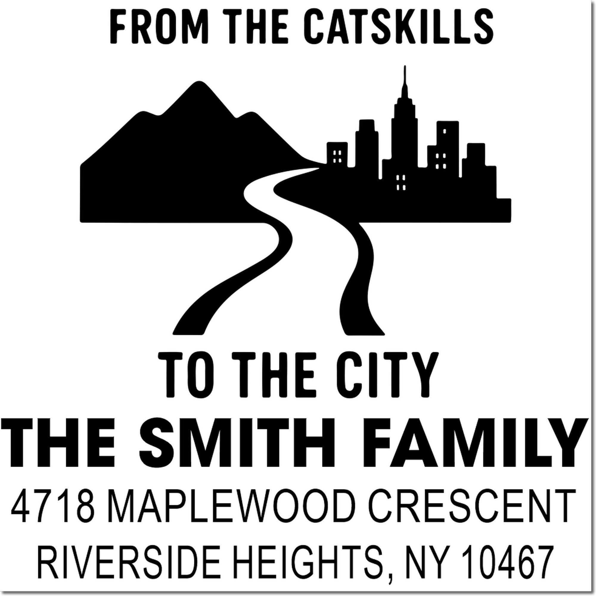 Custom Smith family return address rubber stamp, Catskills-to-city design, 4718 Maplewood Crescent, Riverside Heights, NY 10467.