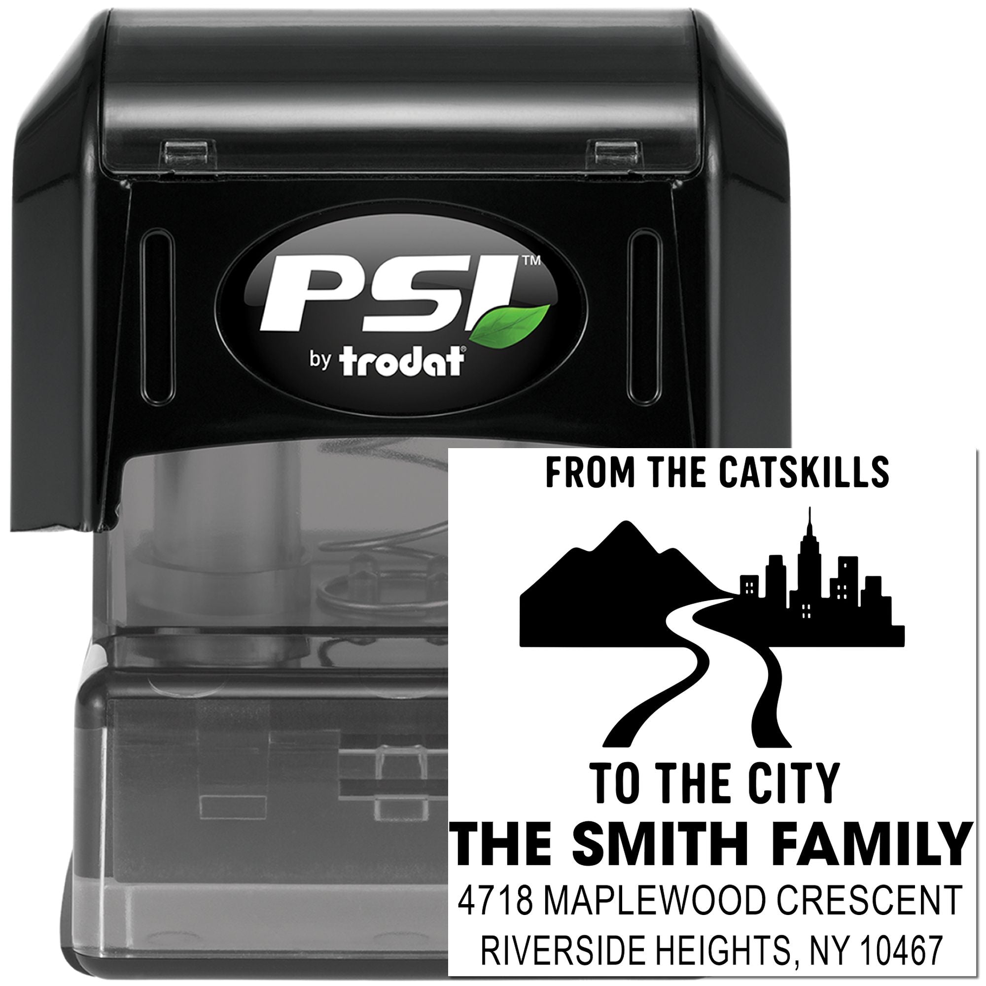 Custom self-inking return address rubber stamp by PSI Trodat with From the Catskills to the City family address design.