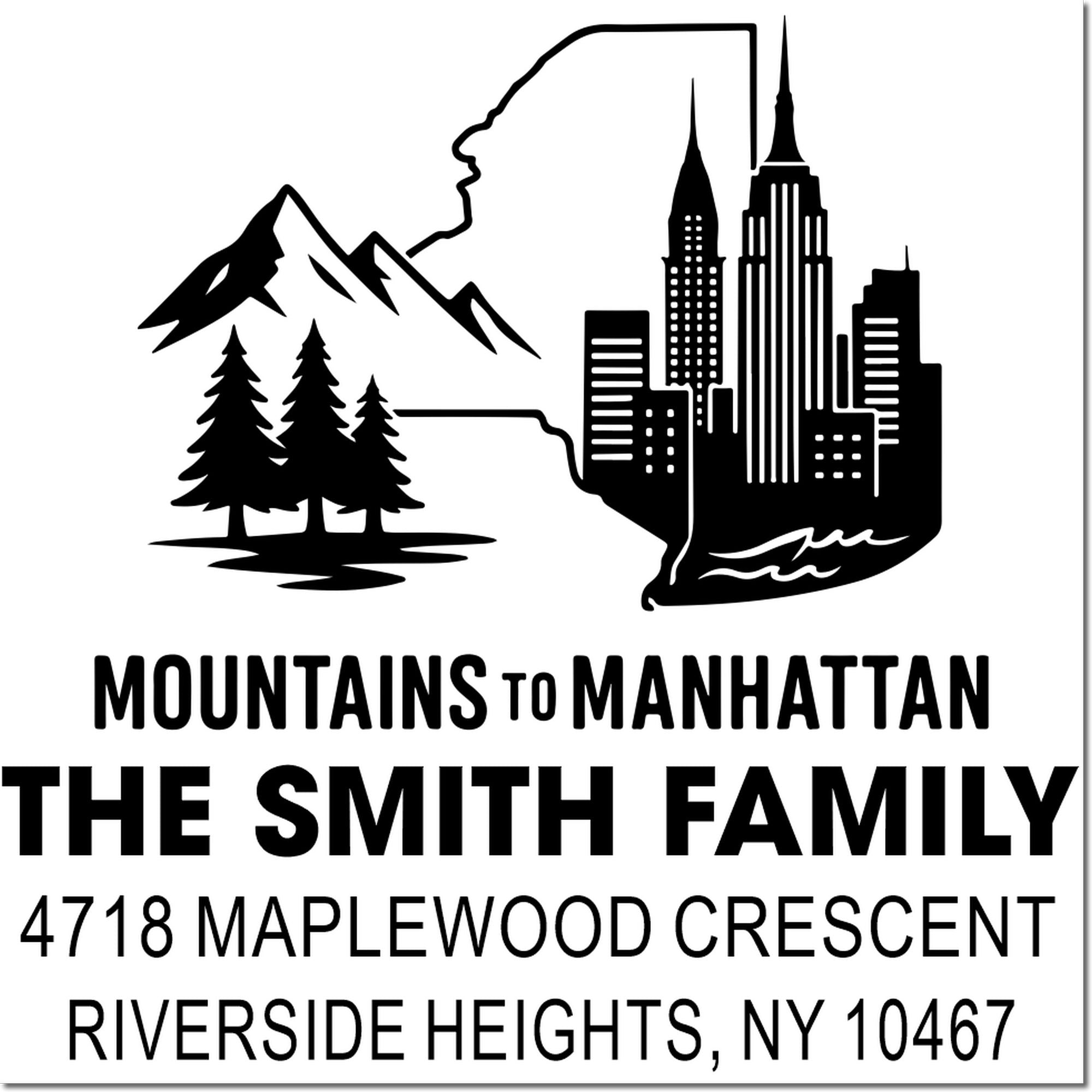 Custom return address rubber stamp for The Smith Family, Mountains to Manhattan design, Riverside Heights NY 10467
