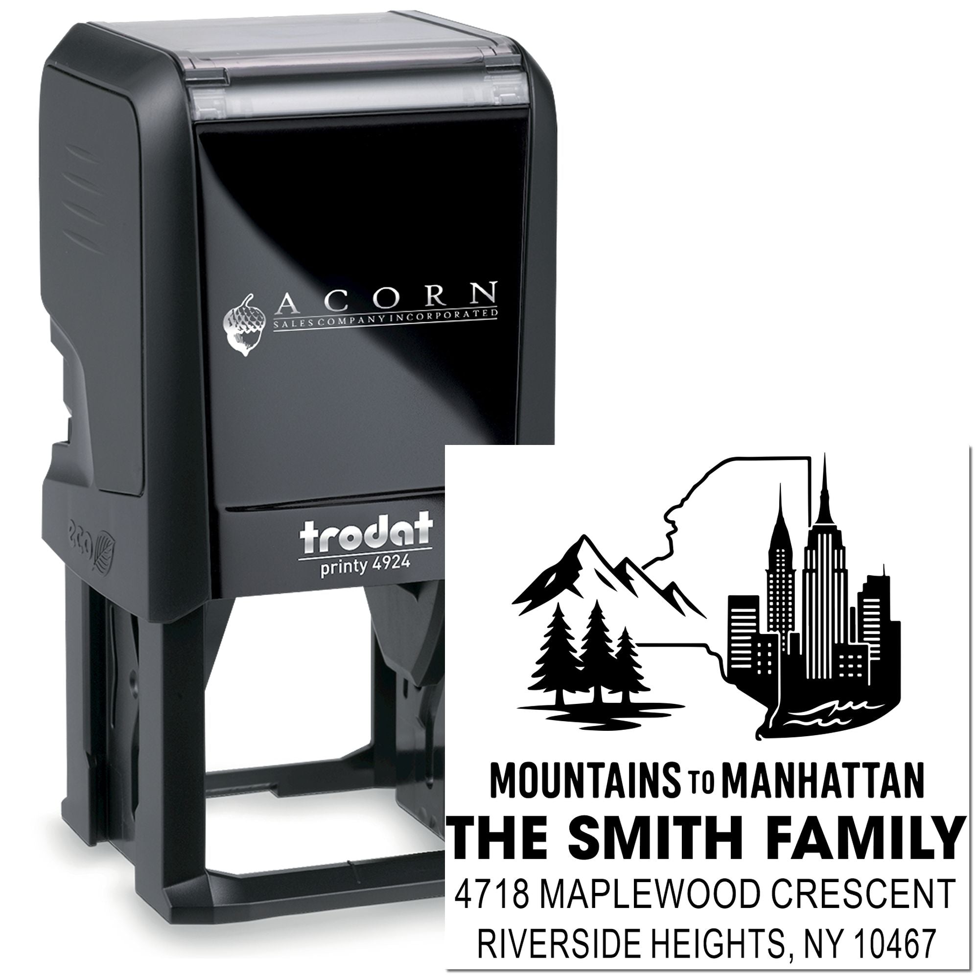 Custom self-inking rubber address stamp with Mountains to Manhattan design, family name, and return address.