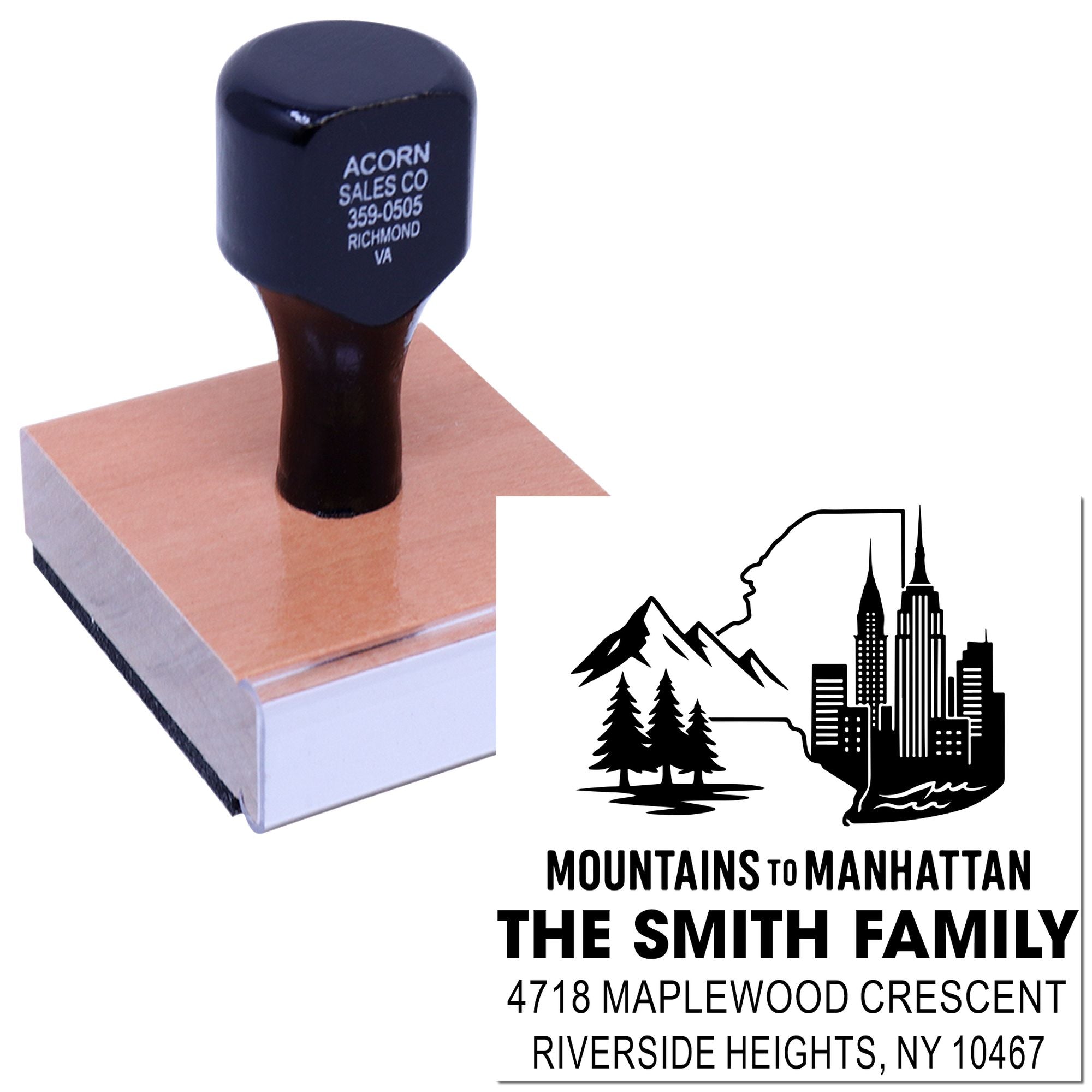 Custom rubber address stamp showing Mountains to Manhattan family name, skyline logo, and return address design
