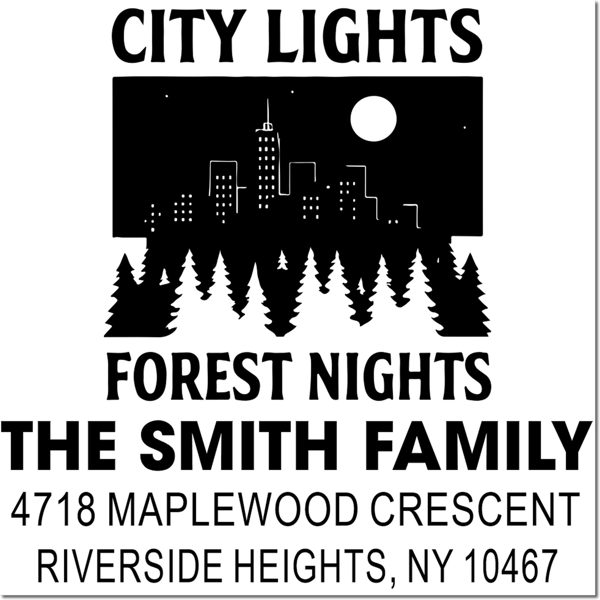 Custom address rubber stamp with city skyline and forest silhouette, personalized for The Smith Family in Riverside Heights, NY.
