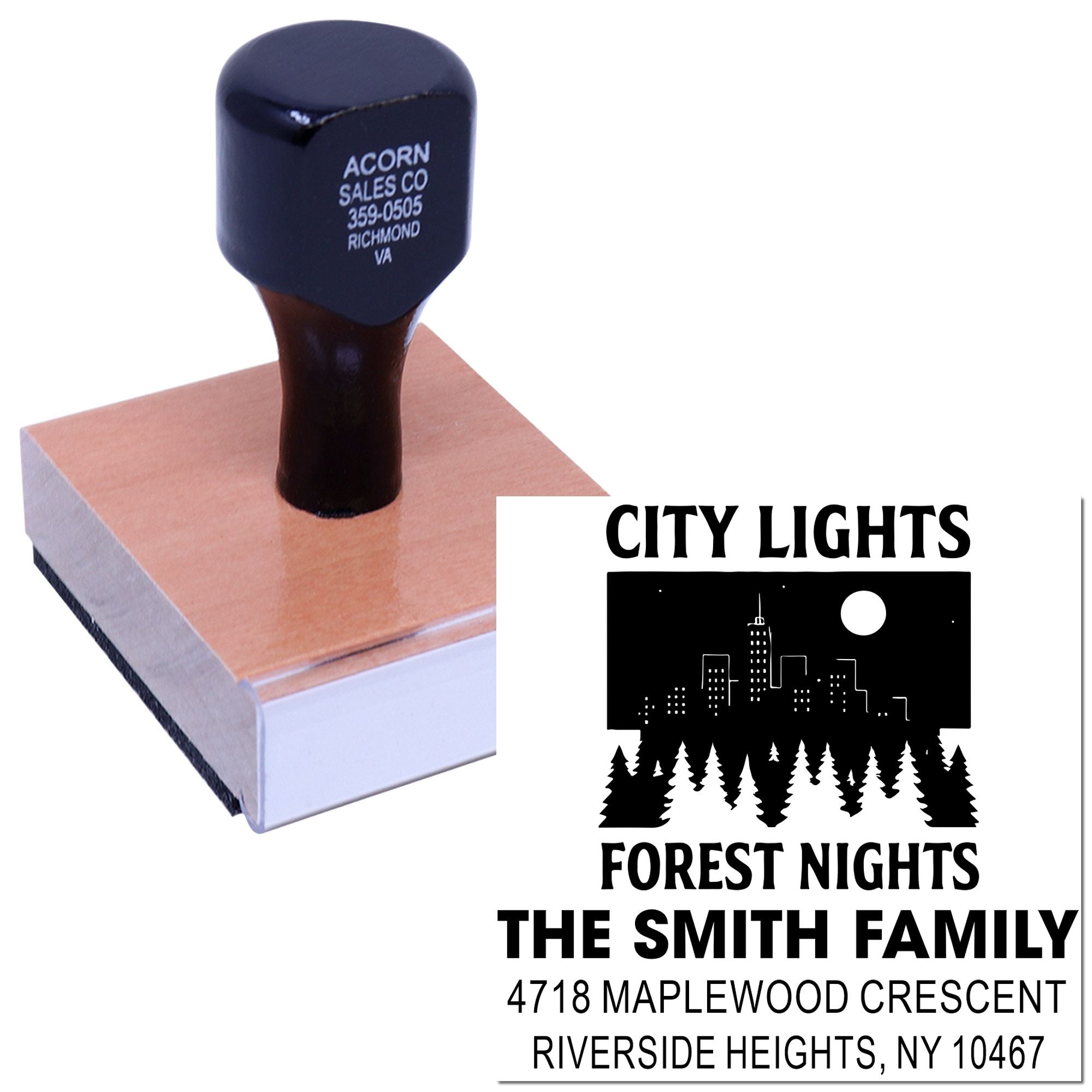 Custom personalized rubber address stamp featuring city lights forest nights design for The Smith Family with name and mailing address.