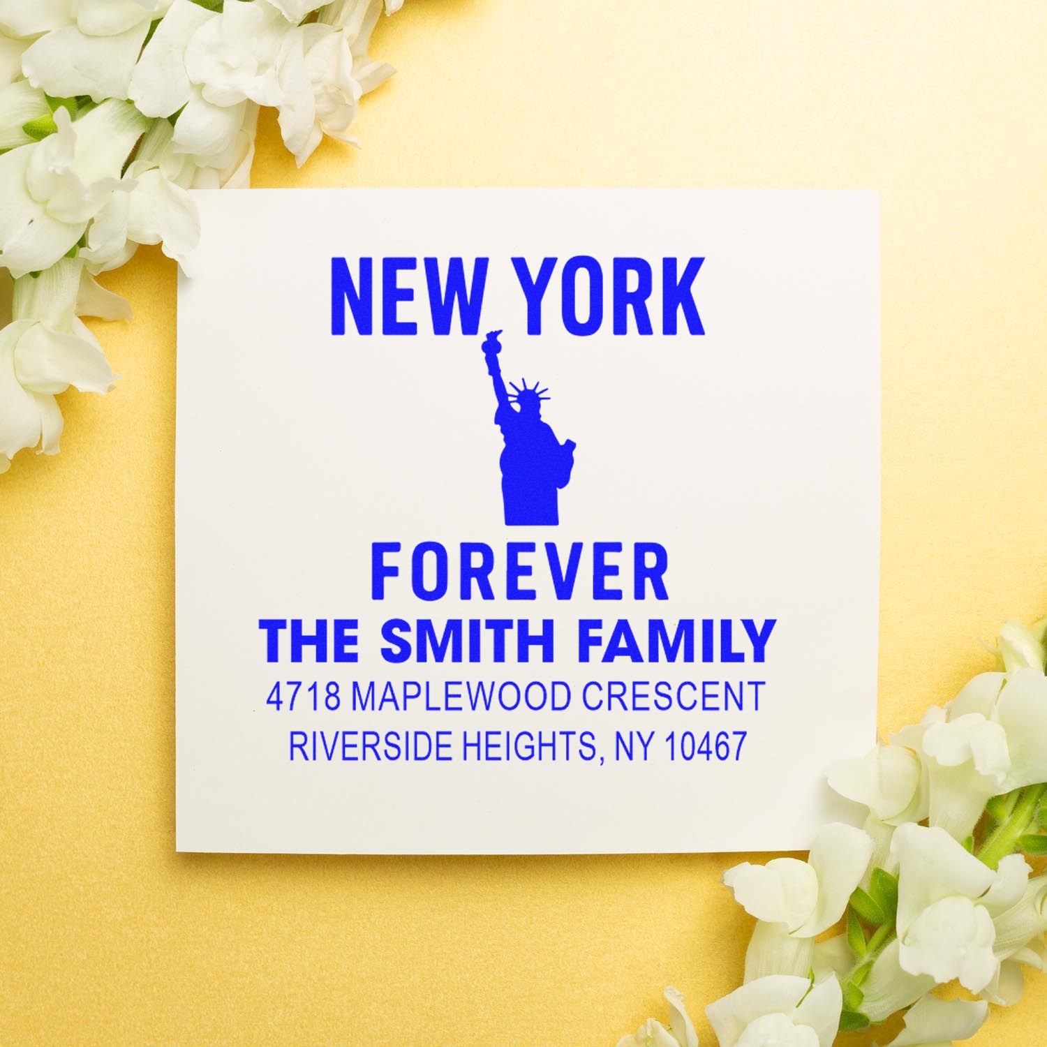Custom New York Forever return address rubber stamp with Statue of Liberty design for the Smith family.