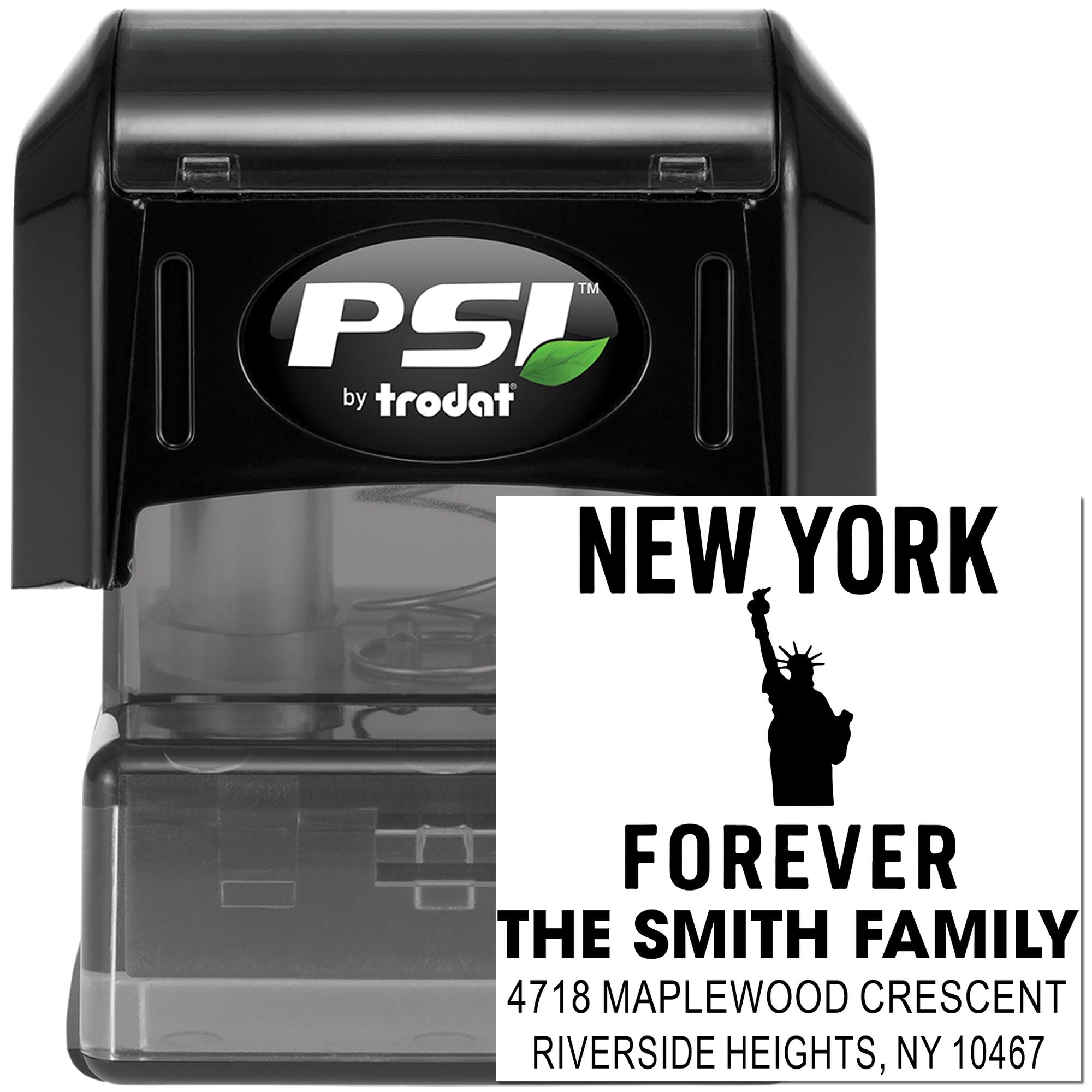 PSI by Trodat custom self-inking rubber stamp with New York Forever return address imprint for The Smith Family.