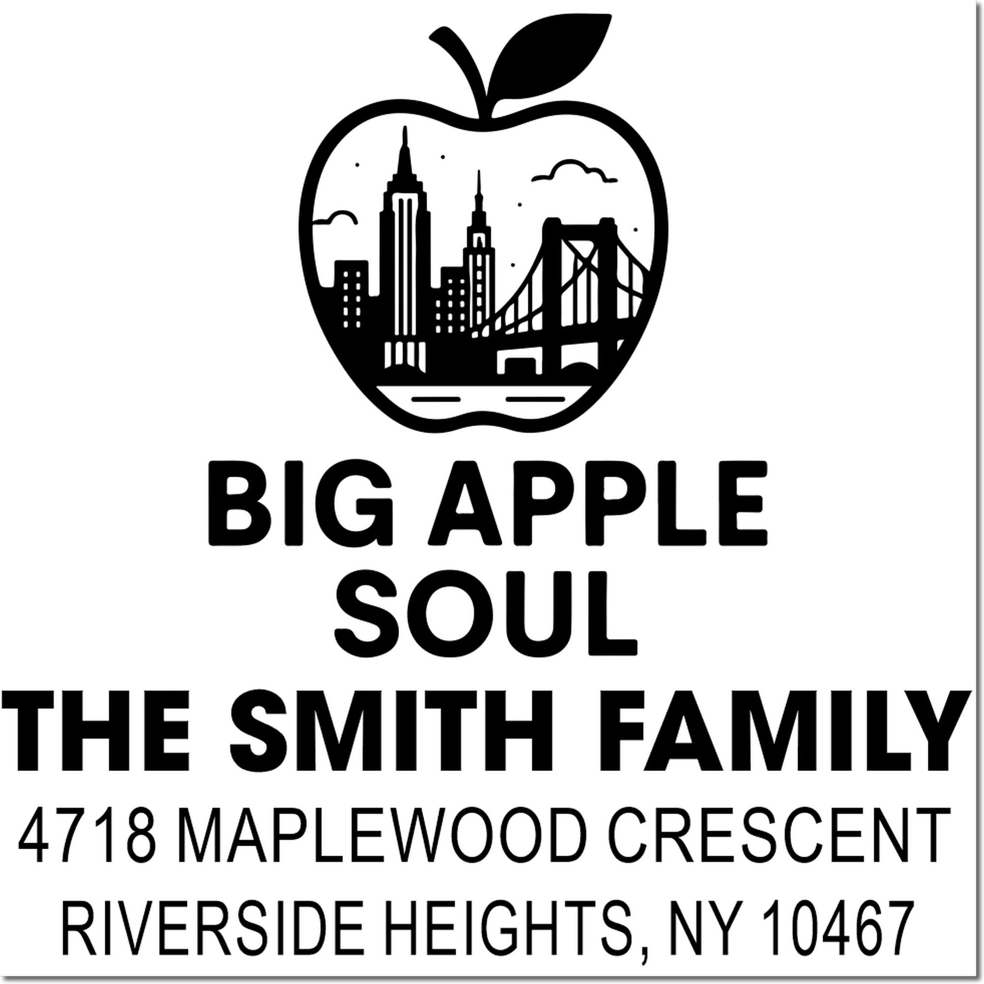 Custom New York family return address rubber stamp, Big Apple Soul design for The Smith Family, Riverside Heights NY.