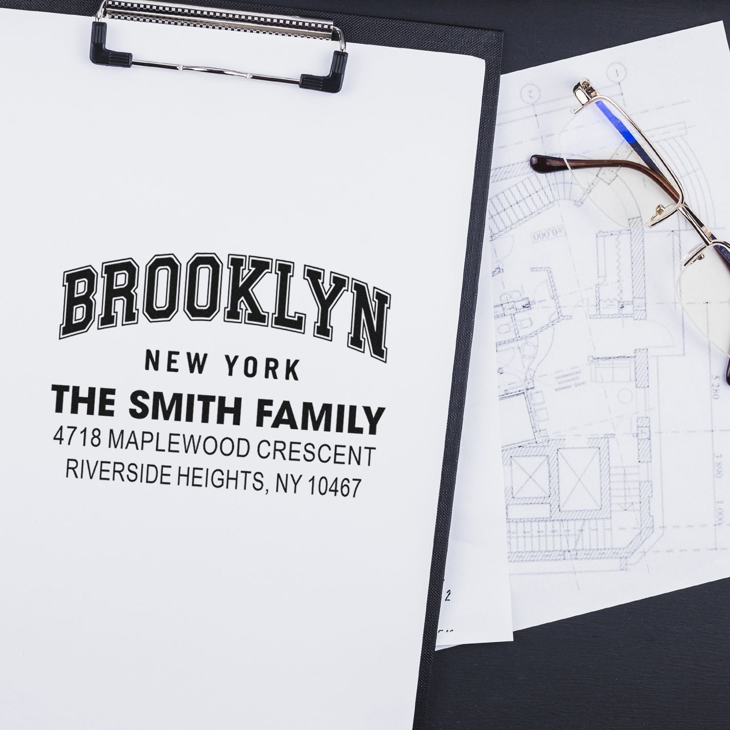 Custom personalized return address rubber stamp for The Smith Family, Brooklyn, New York.