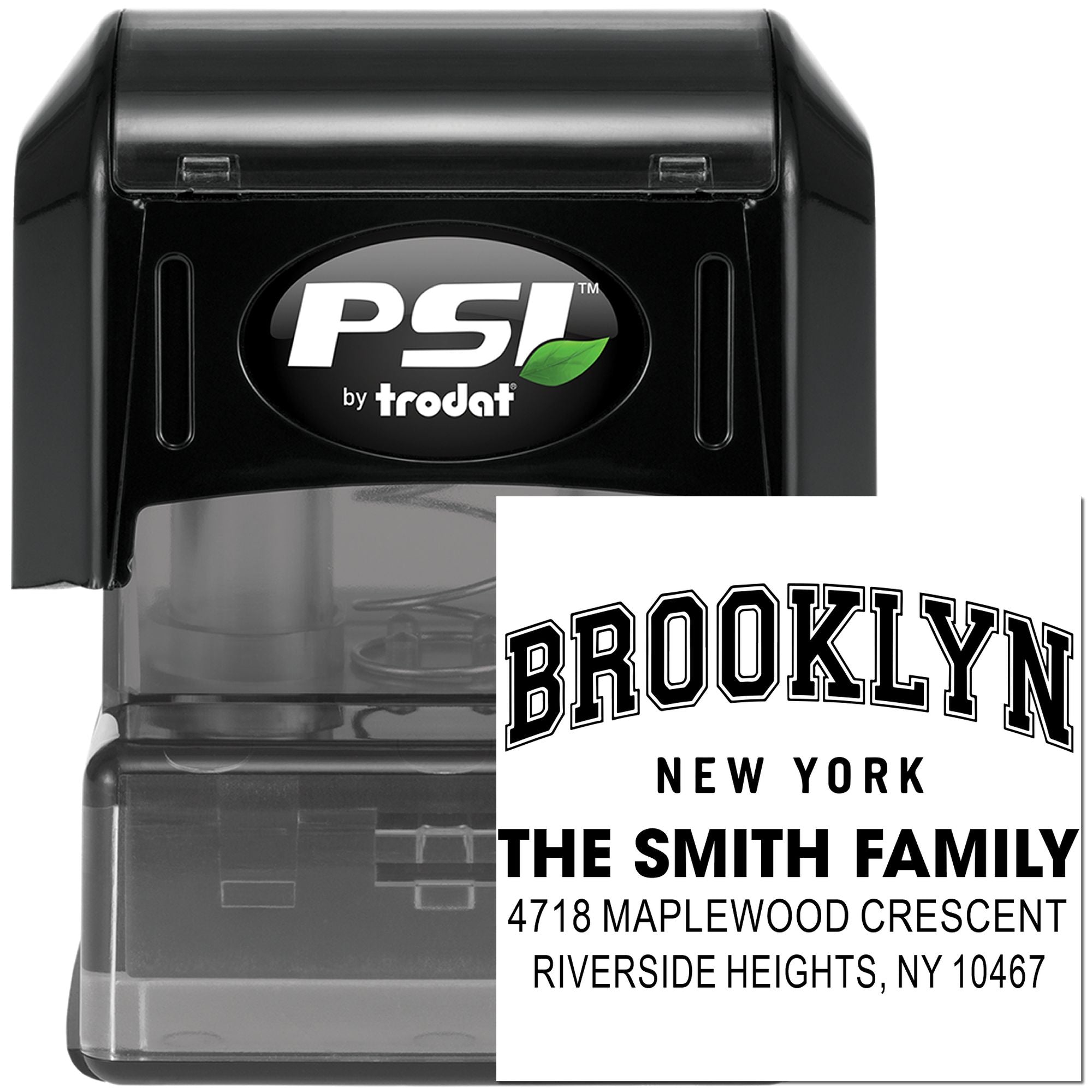 Custom self-inking address rubber stamp for The Smith Family, Brooklyn, New York, with return address imprint.