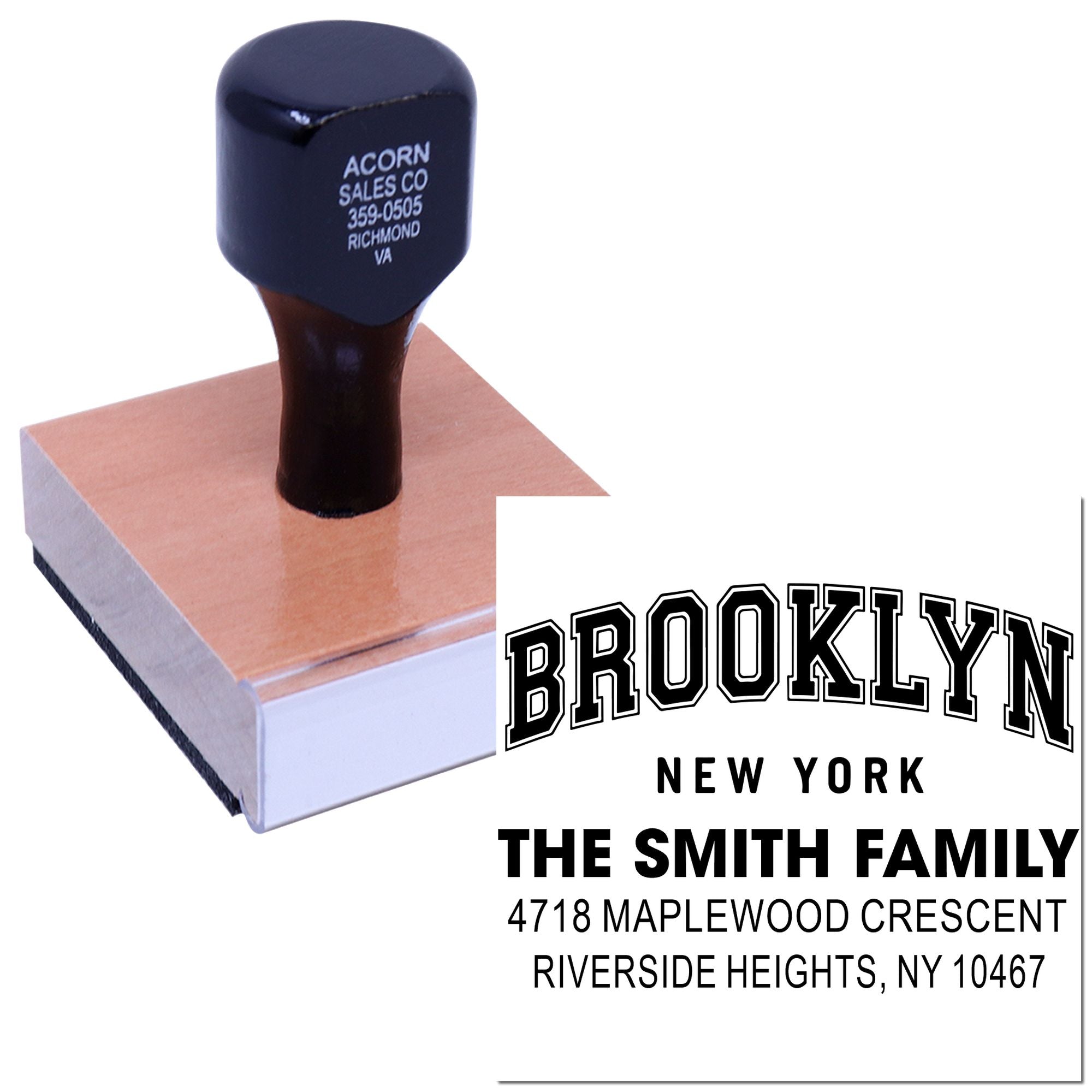 Custom return address rubber stamp with Brooklyn, New York family name and address for mailing envelopes.