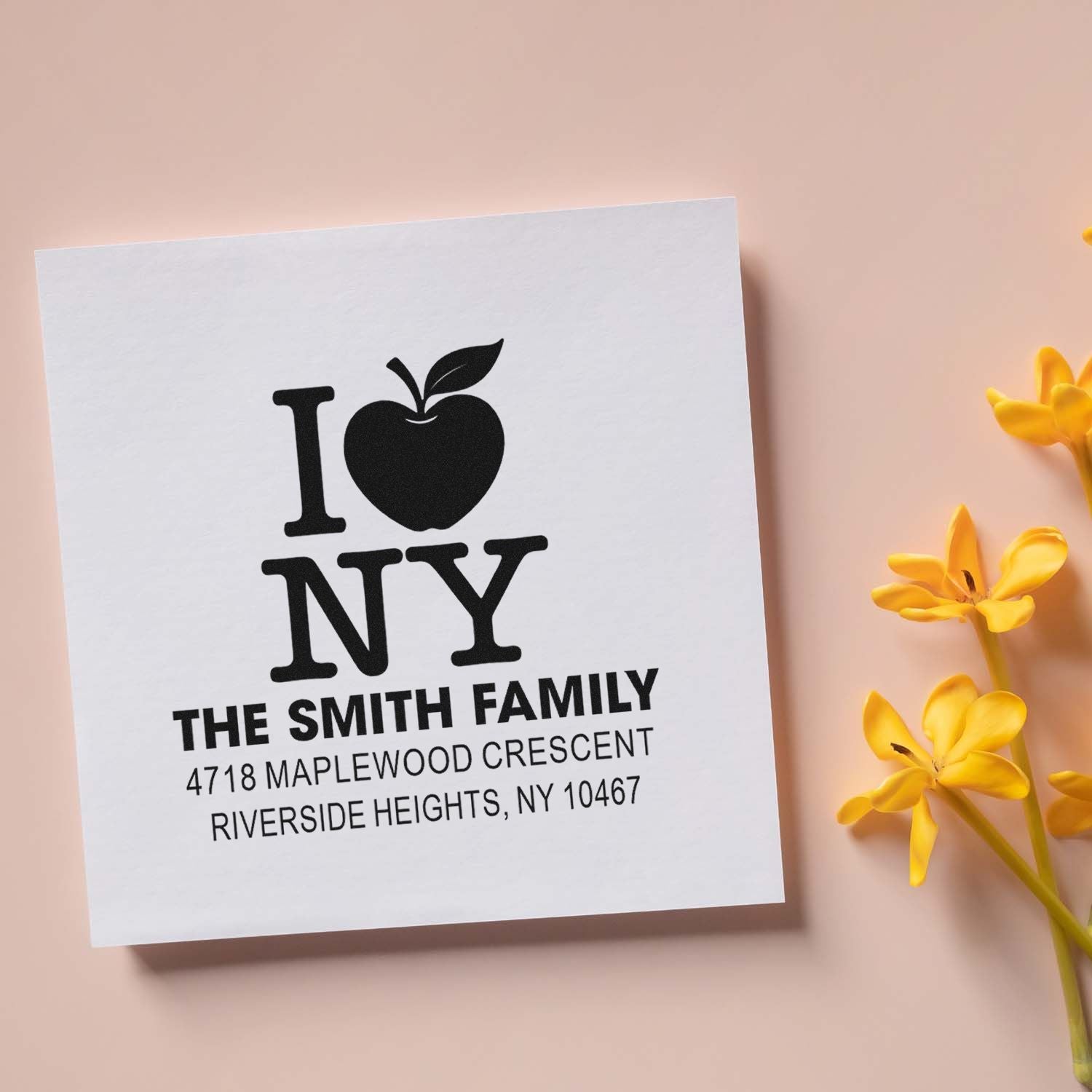 Custom return address rubber stamp with I Love NY design for The Smith Family.