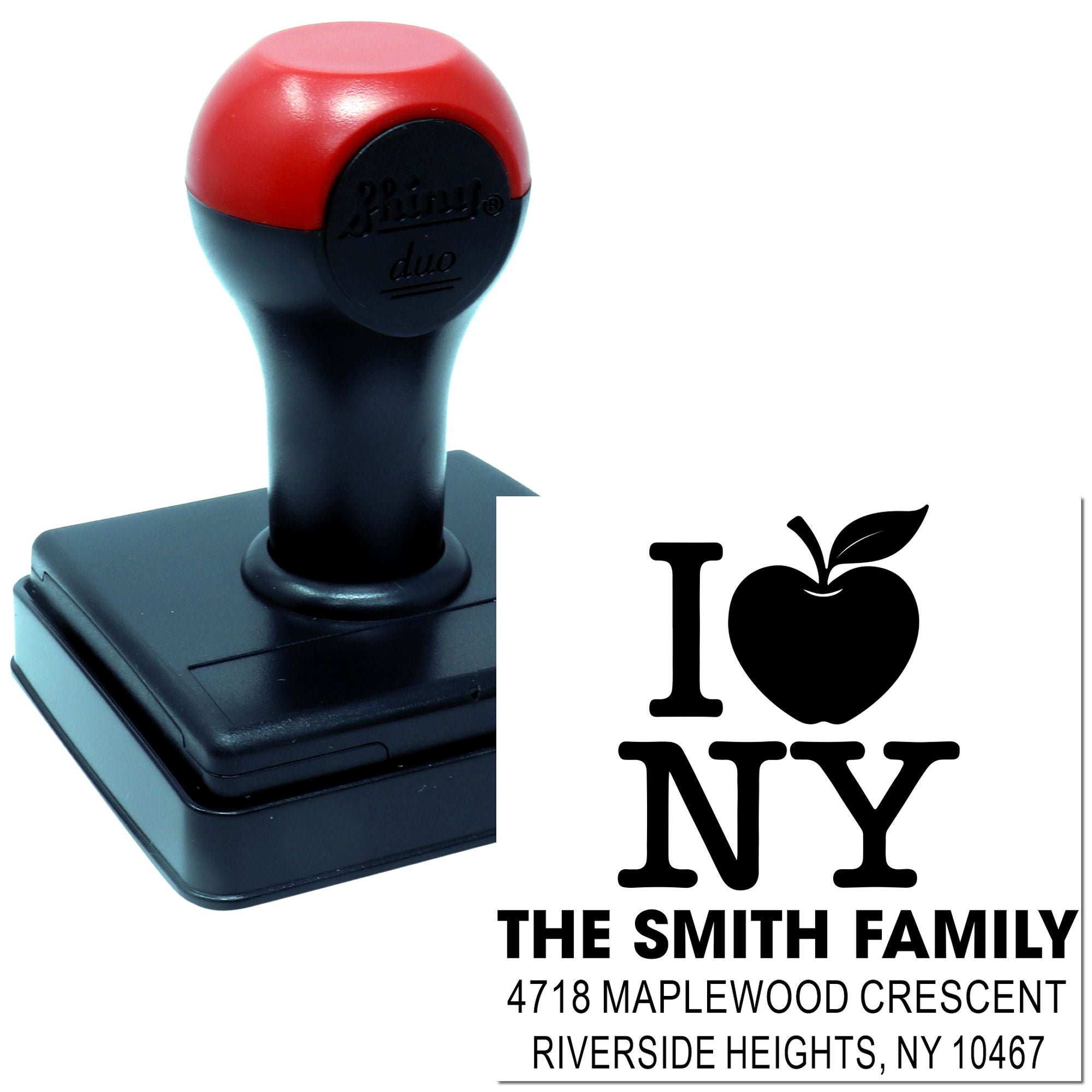 Personalized self-inking rubber stamp with I Love NY design for The Smith Family custom address return stamp