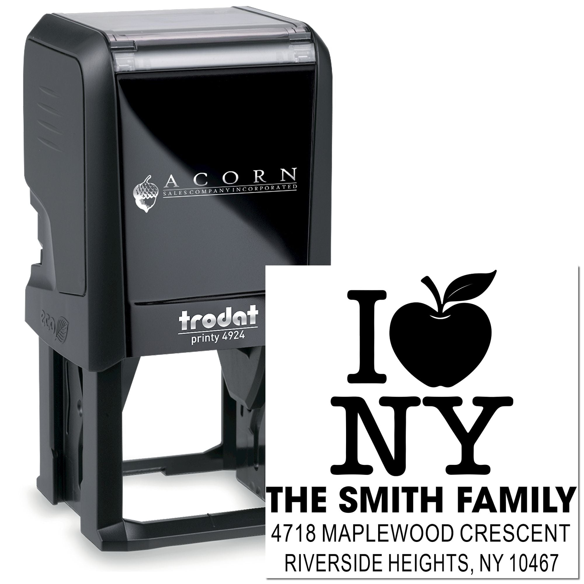 Custom self-inking rubber return address stamp with I Love NY design for The Smith Family, Riverside Heights, NY 10467.