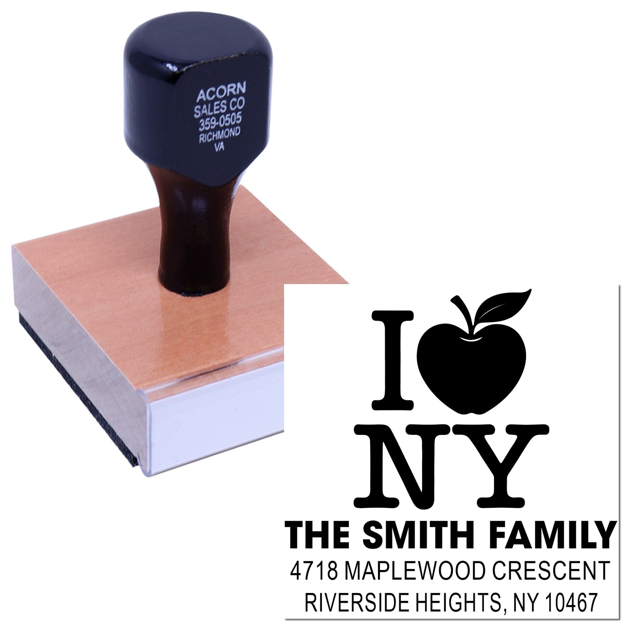 Custom rubber address stamp with I Love NY family design for The Smith Family, Riverside Heights, NY 10467.
