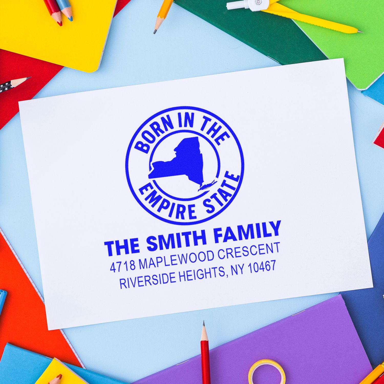 Custom New York family address rubber stamp with Born in the Empire State state silhouette design