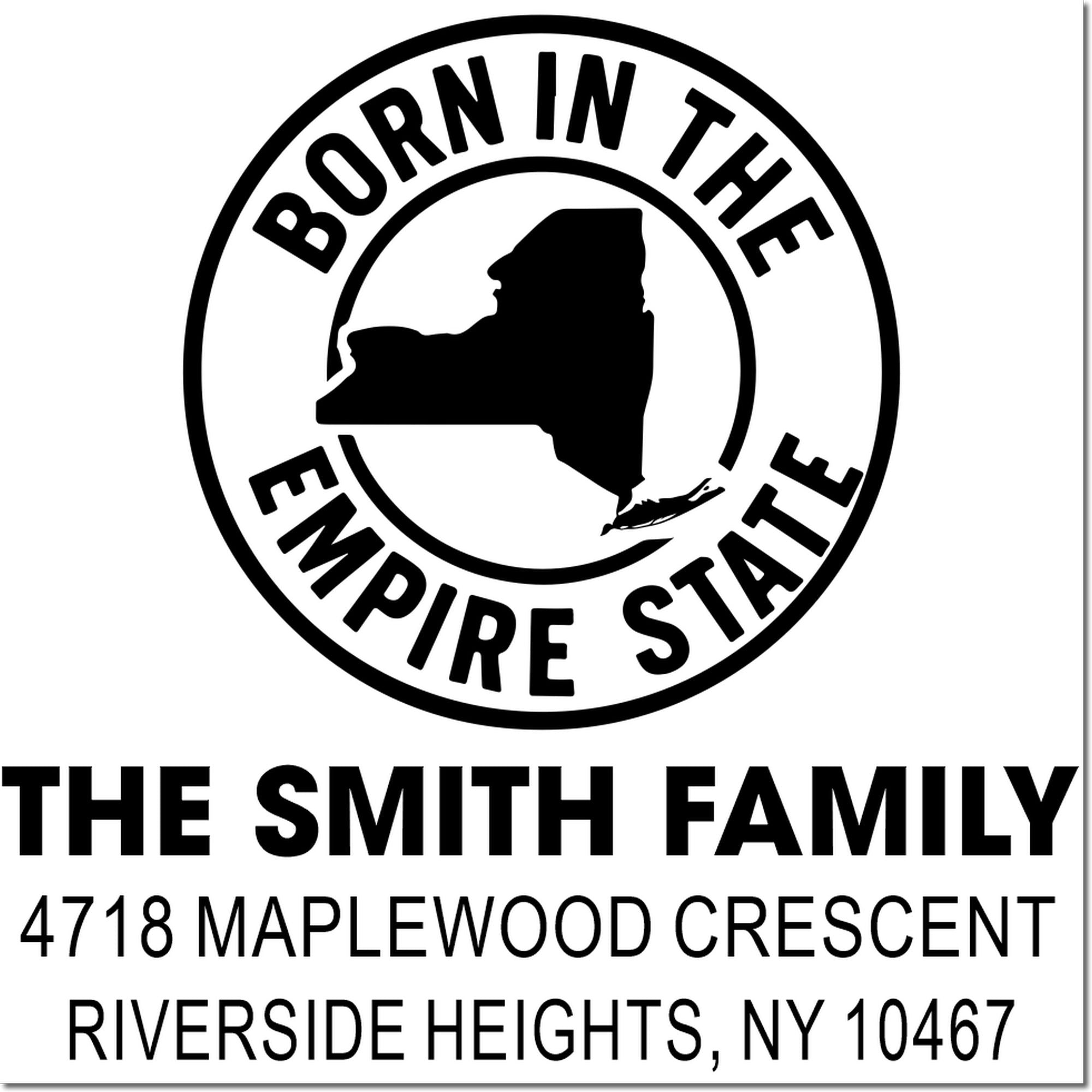 Personalized New York return address rubber stamp with Born in the Empire State family design.