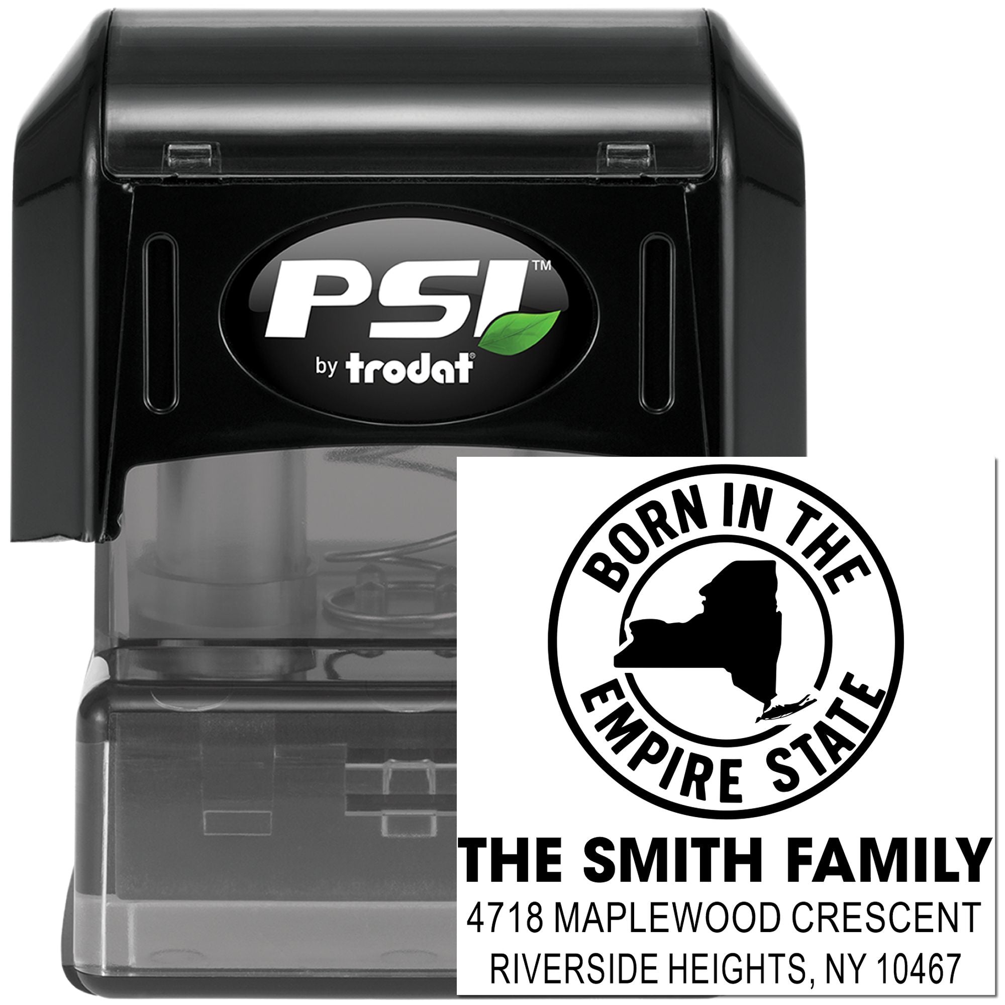 PSI by Trodat custom self-inking return address rubber stamp with New York state family address design.