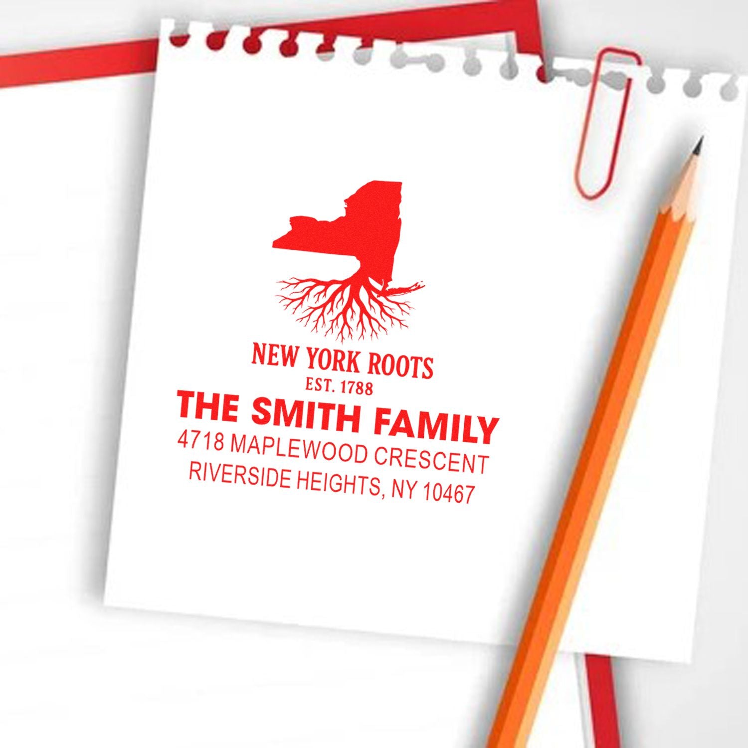Custom New York Roots family address rubber stamp with Smith family name and Riverside Heights, NY mailing details.