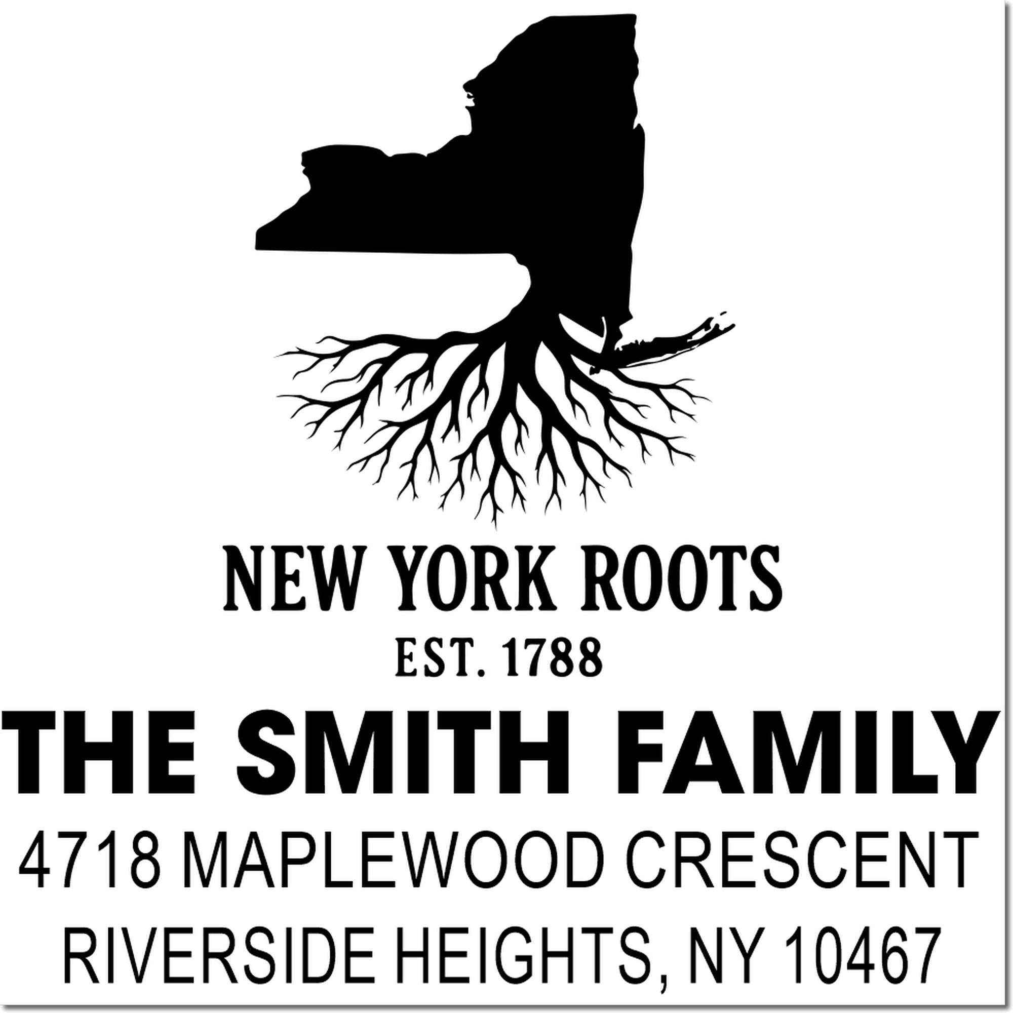 Custom rubber stamp with New York Roots design, Smith family name, and Riverside Heights, NY 10467 address