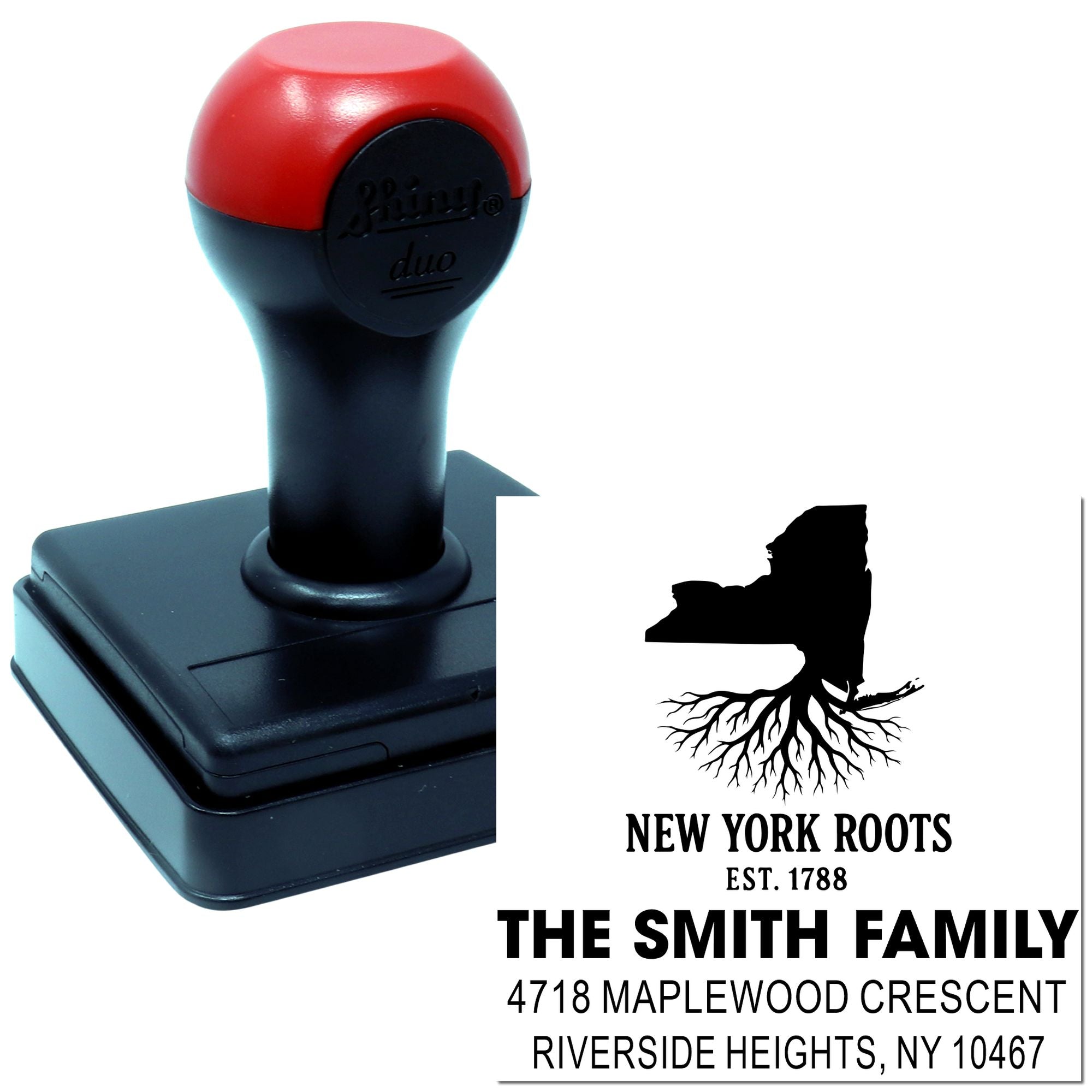 Personalized self-inking rubber address stamp with New York Roots design and custom Smith family return address imprint