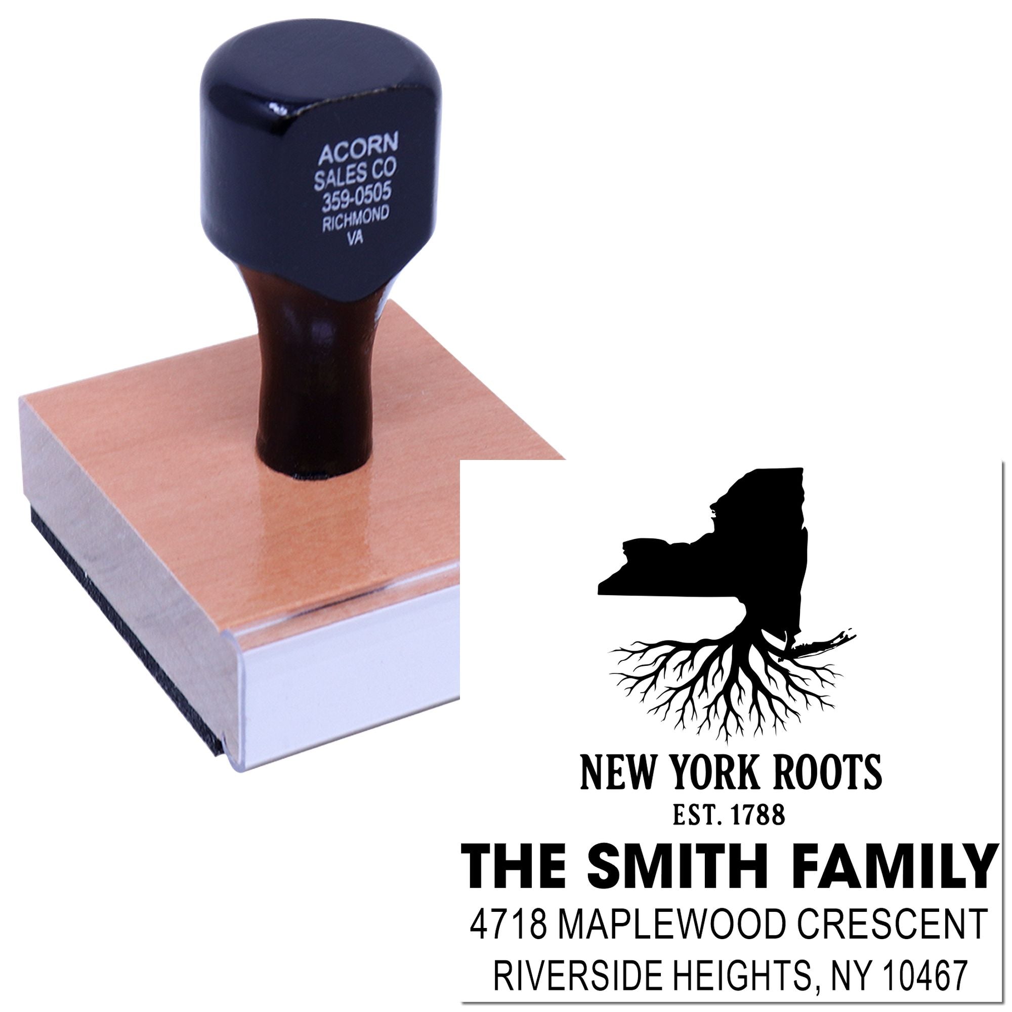 Custom rubber address stamp with New York Roots family design and return address imprint for personalized mail