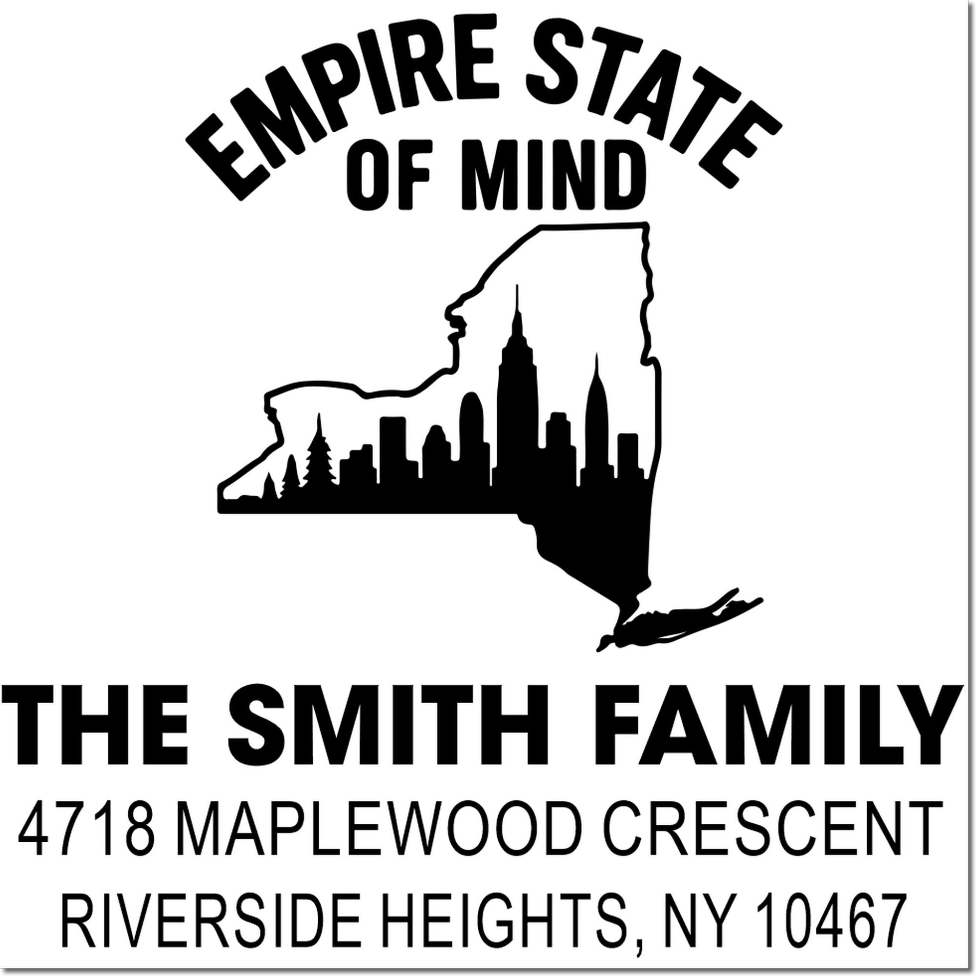 Custom rubber return address stamp for The Smith Family, Riverside Heights NY, with New York skyline and Empire State of Mind design.