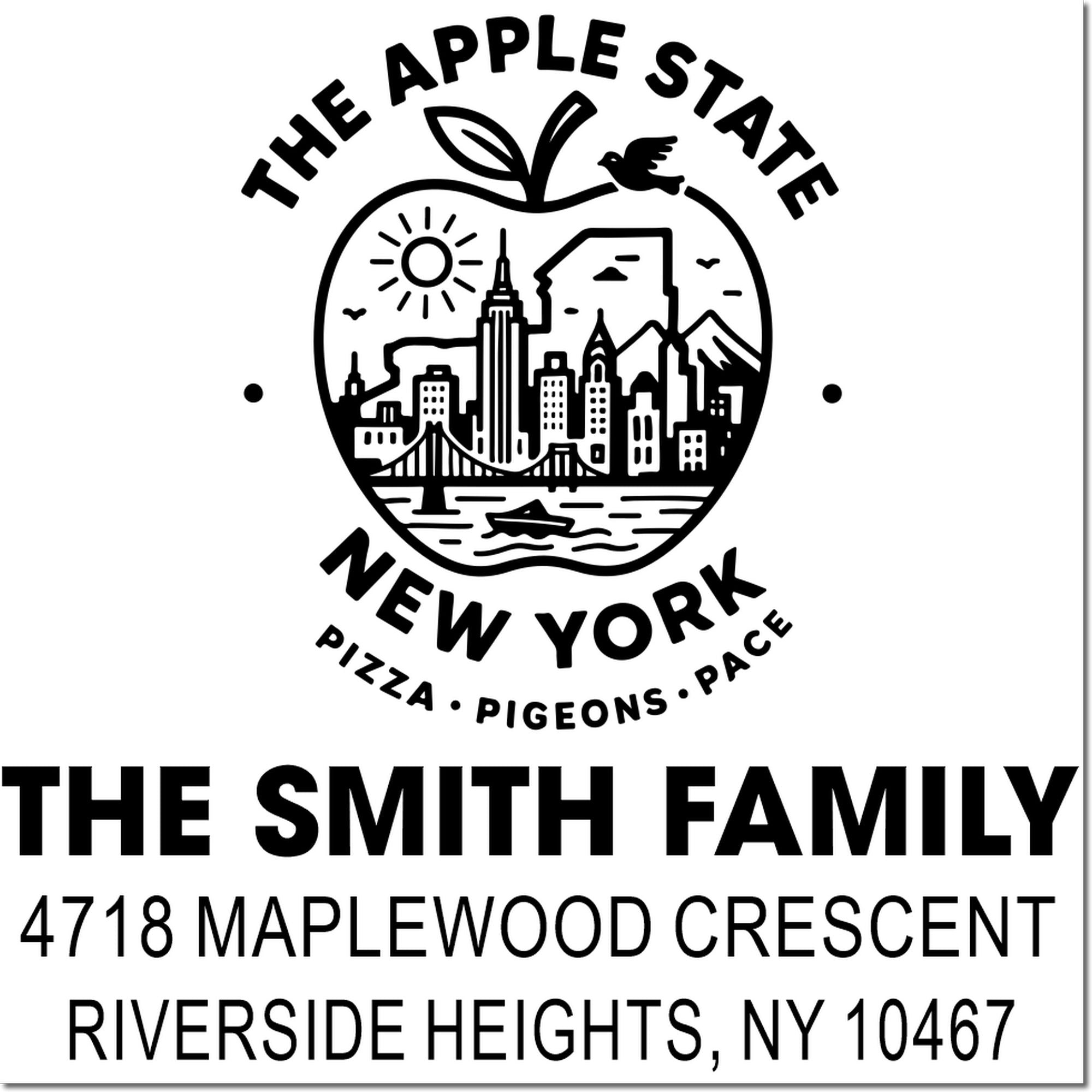 Custom New York return address rubber stamp for The Smith Family, Riverside Heights, NY 10467.