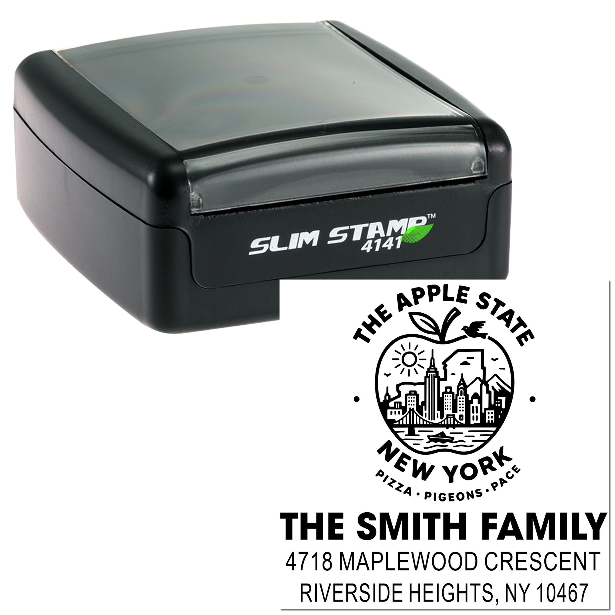 Custom self-inking rubber stamp with New York return address design for The Smith Family