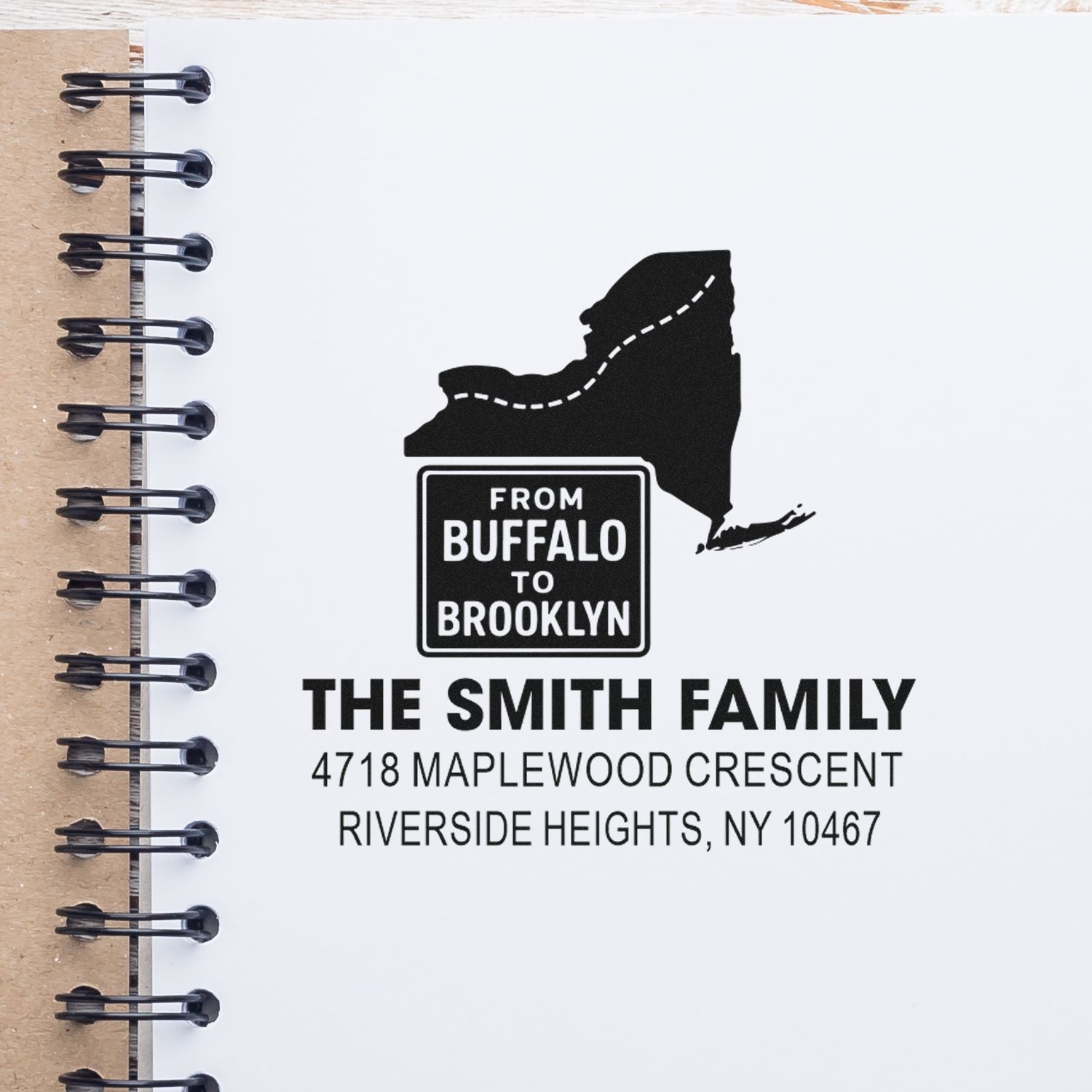 Personalized return address rubber stamp with Buffalo to Brooklyn design for The Smith Family, Riverside Heights NY.