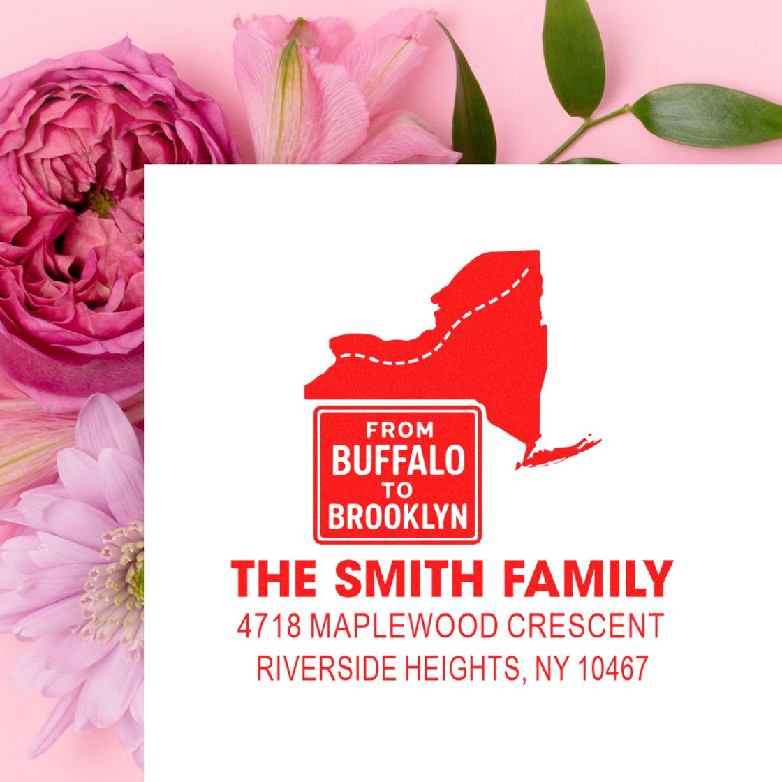 Custom return address rubber stamp with New York state graphic, From Buffalo to Brooklyn, for The Smith Family mailing.