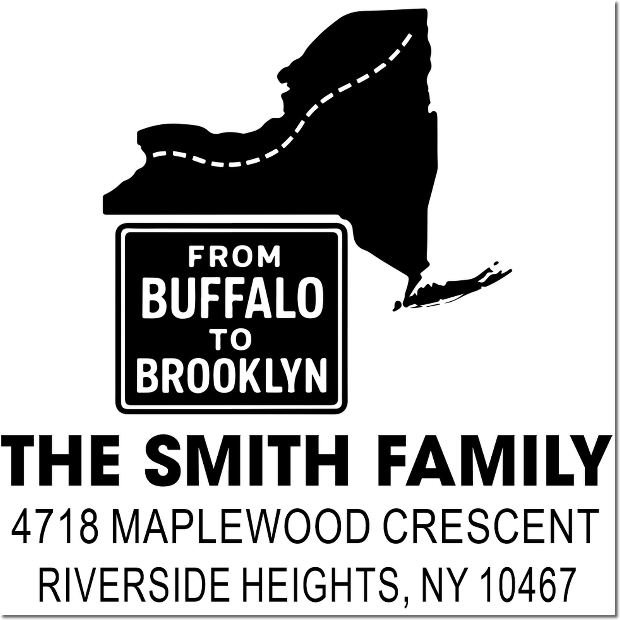 Custom rubber return address stamp for The Smith Family with Buffalo to Brooklyn design and Riverside Heights, NY address.
