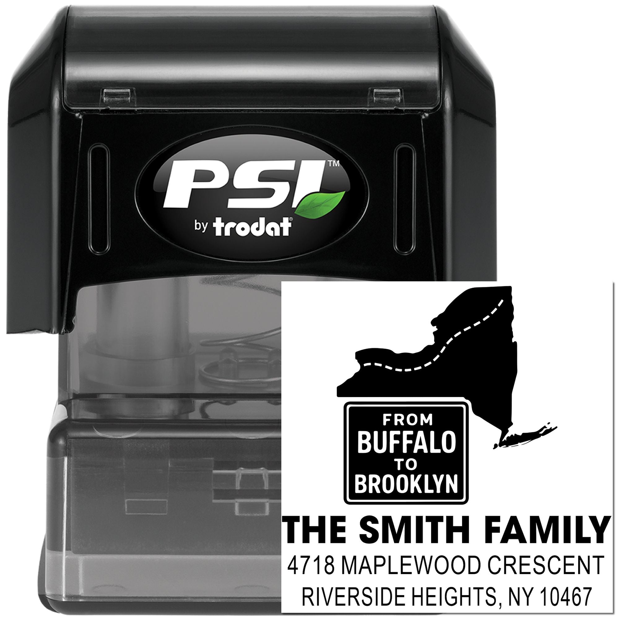 Custom self-inking address rubber stamp for The Smith Family, featuring Buffalo to Brooklyn design and Riverside Heights, NY address.