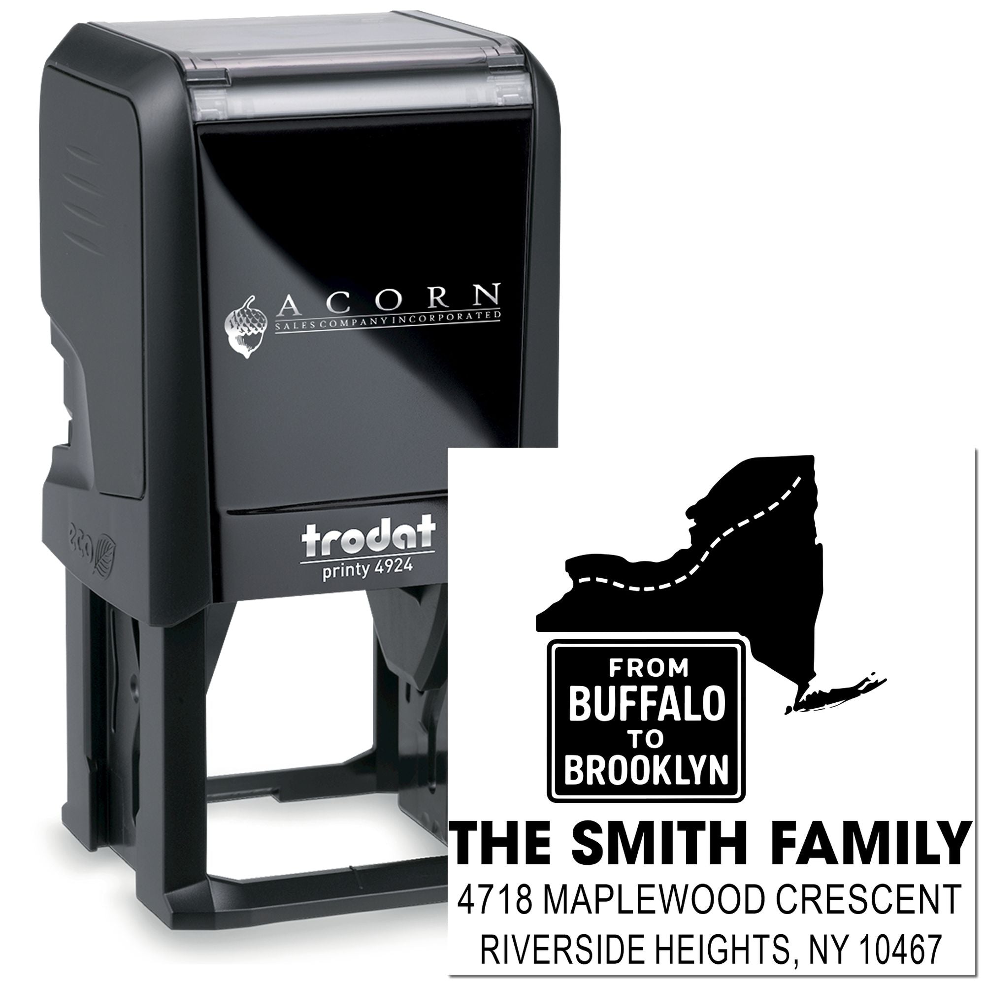 Custom self-inking rubber stamp with return address and logo, Trodat Printy 4924 personalized family address stamp.