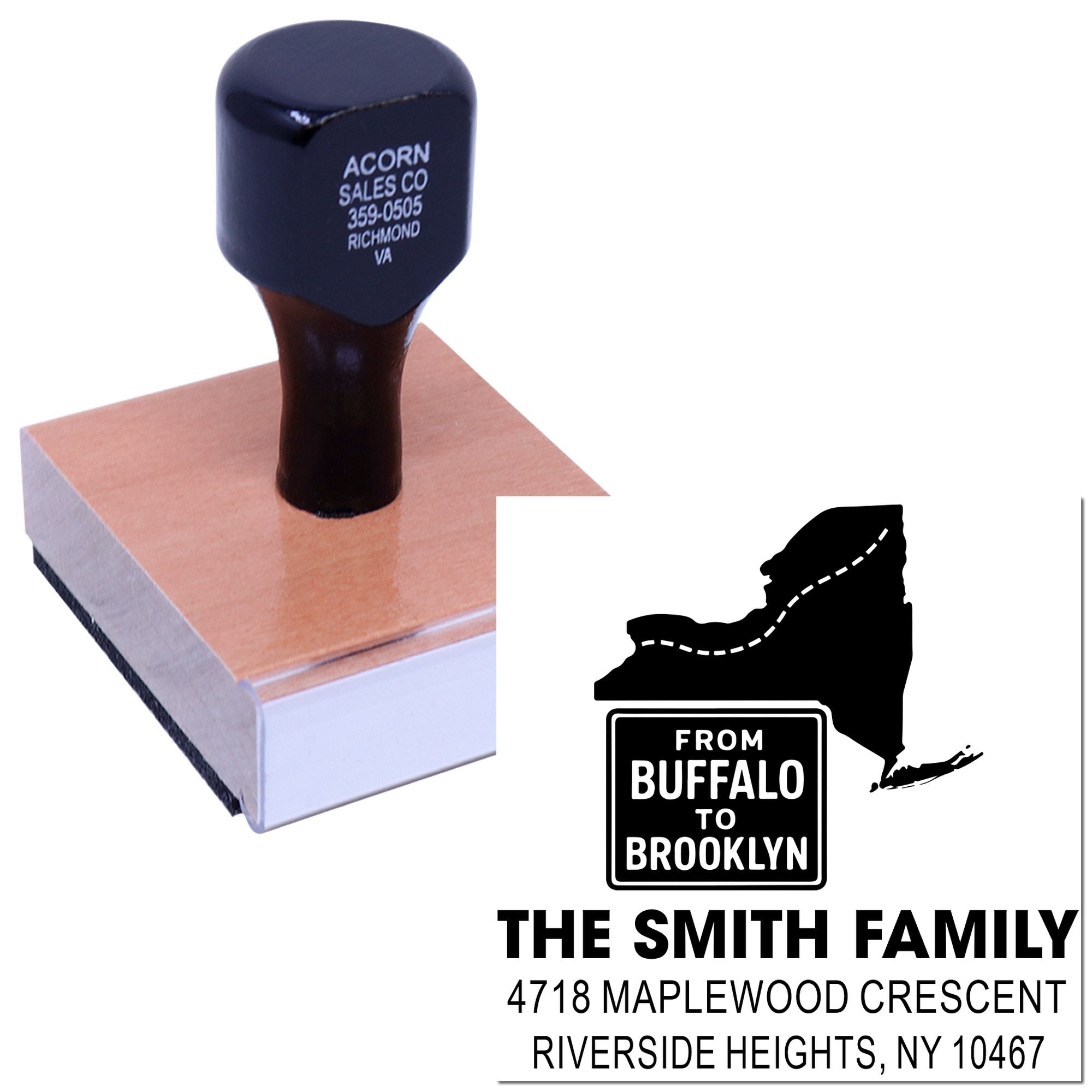 Personalized return address rubber stamp with New York state map, Buffalo to Brooklyn design, and The Smith Family address.