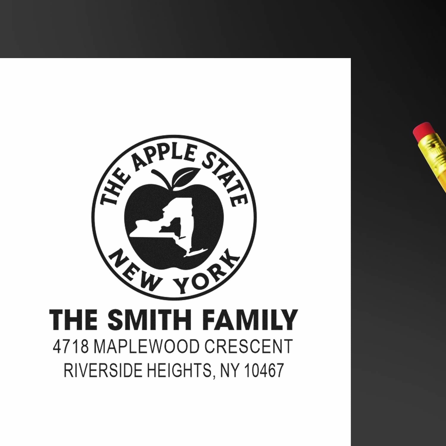 Custom return address rubber stamp for The Smith Family, featuring a New York apple state seal and Riverside Heights address.