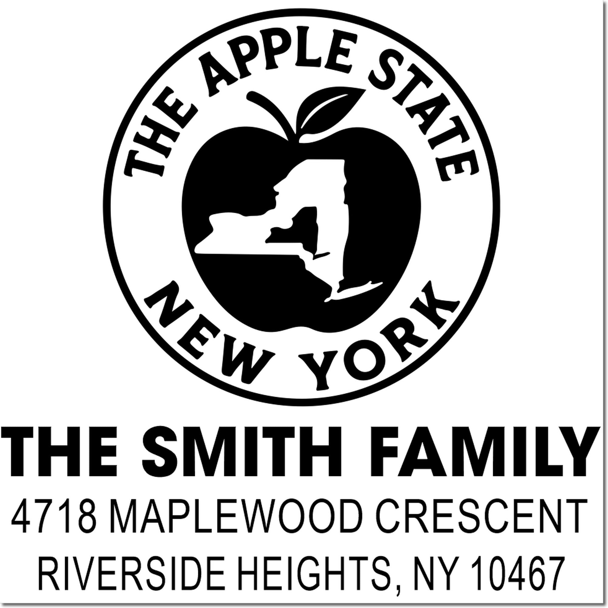 Personalized New York family return address rubber stamp with apple logo, The Smith Family, 4718 Maplewood Crescent.