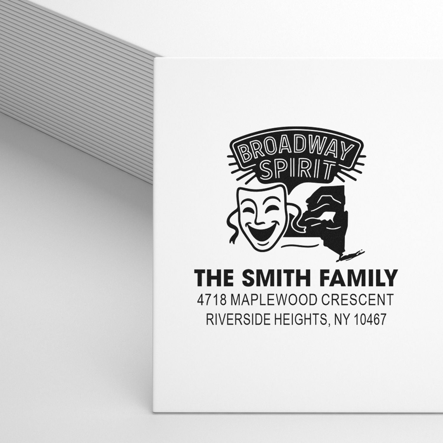 Custom rubber return address stamp with Broadway Spirit theater design for The Smith Family, Riverside Heights, NY.