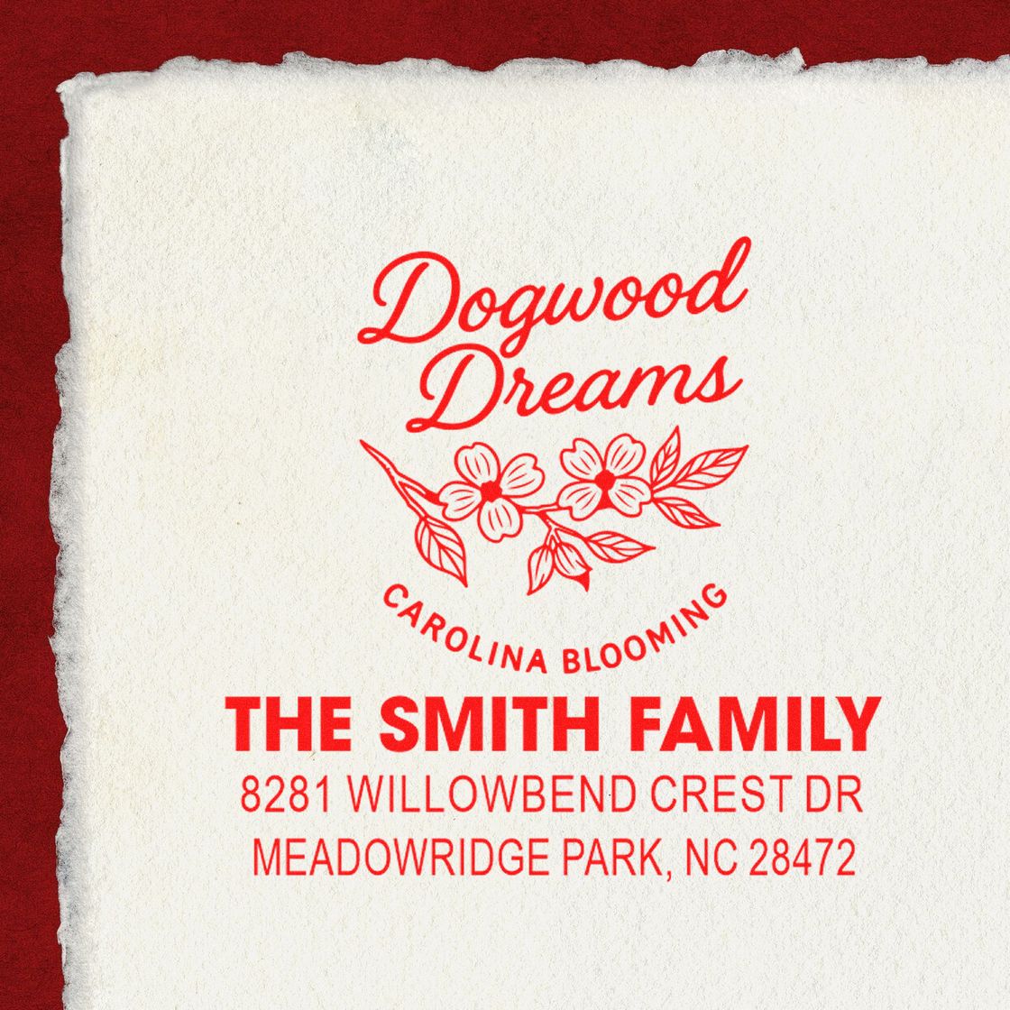 Custom return address rubber stamp for The Smith Family, Dogwood Dreams Carolina Blooming, with Meadowridge Park, NC address.