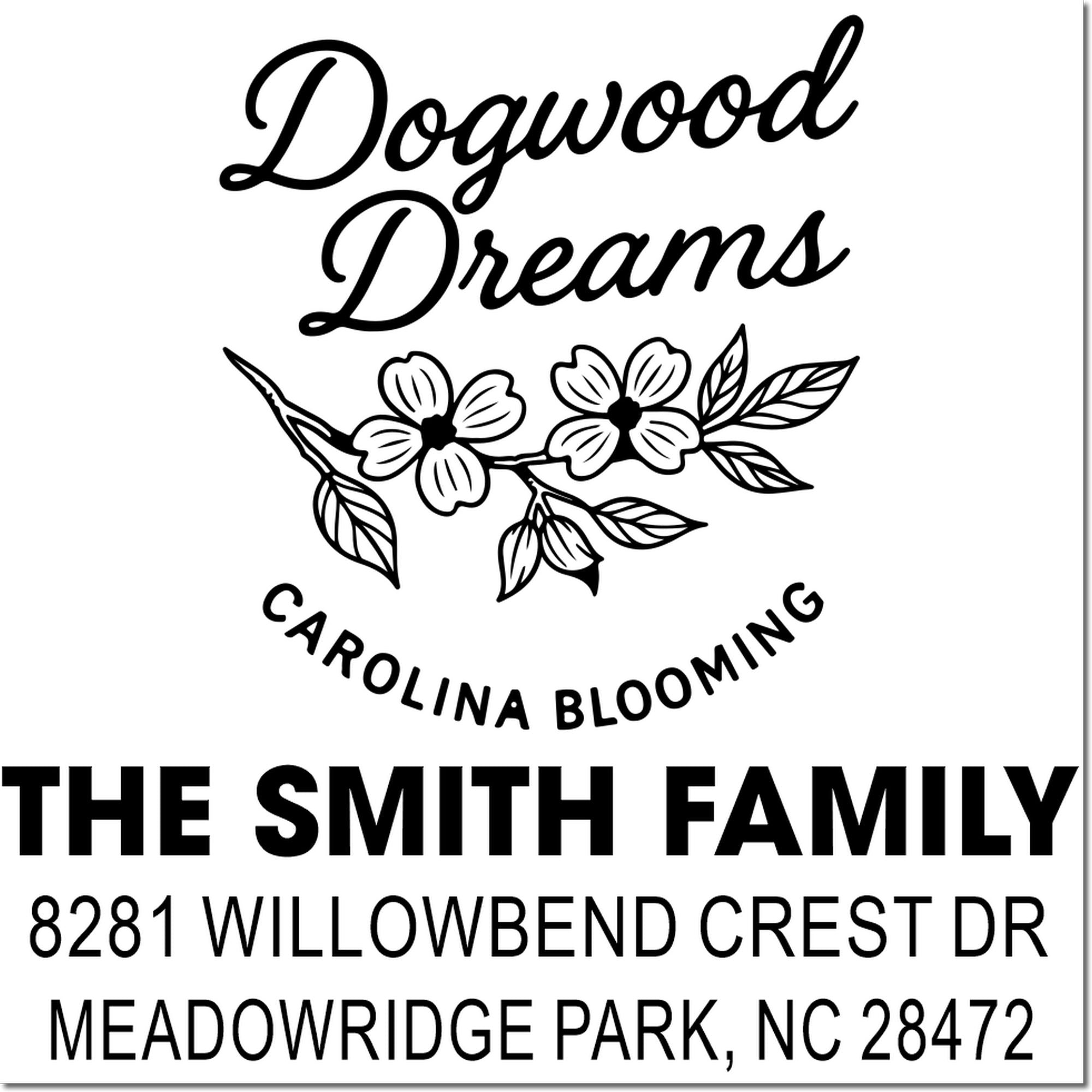 Personalized Dogwood Dreams return address rubber stamp with floral dogwood design for Smith family envelopes and stationery.