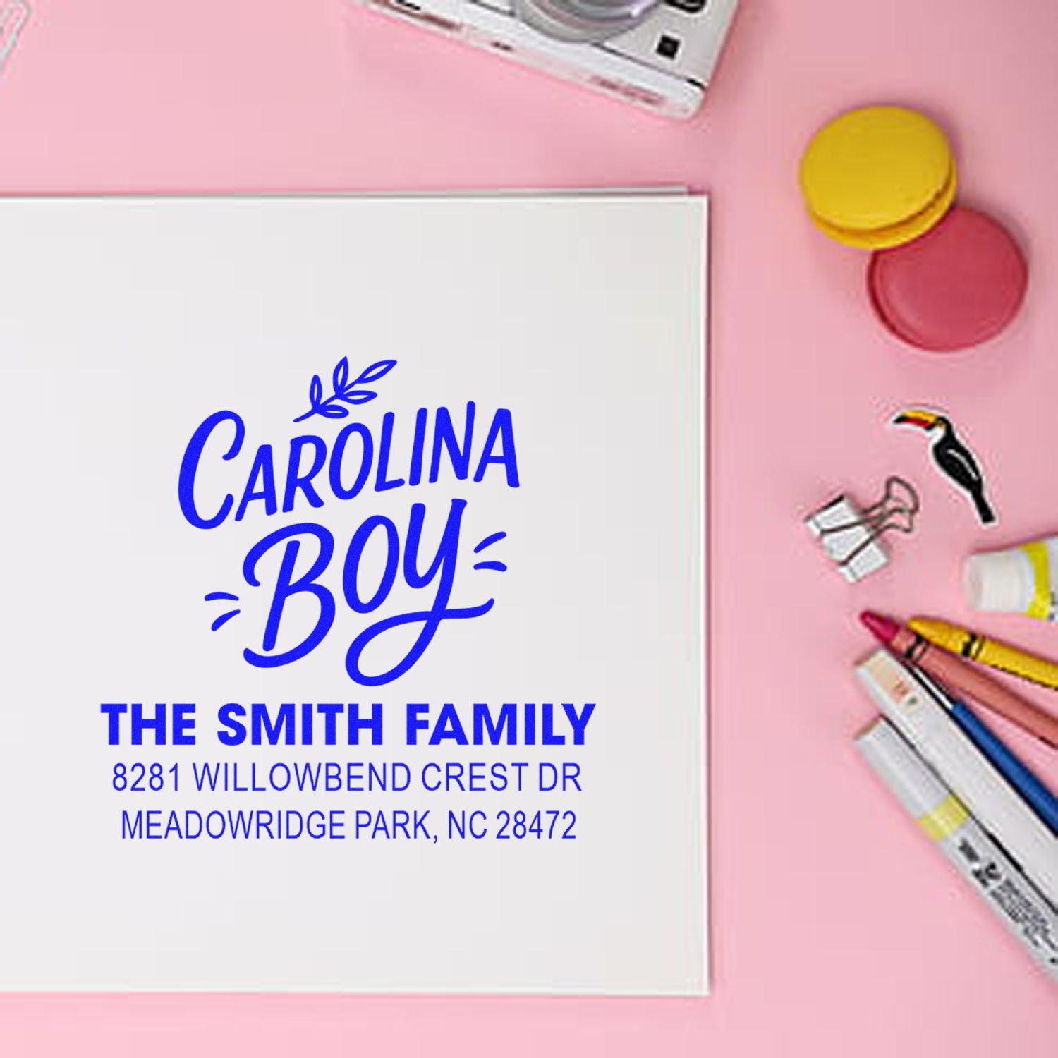 Custom personalized address rubber stamp for The Smith Family, with Carolina Boy design and NC return address.