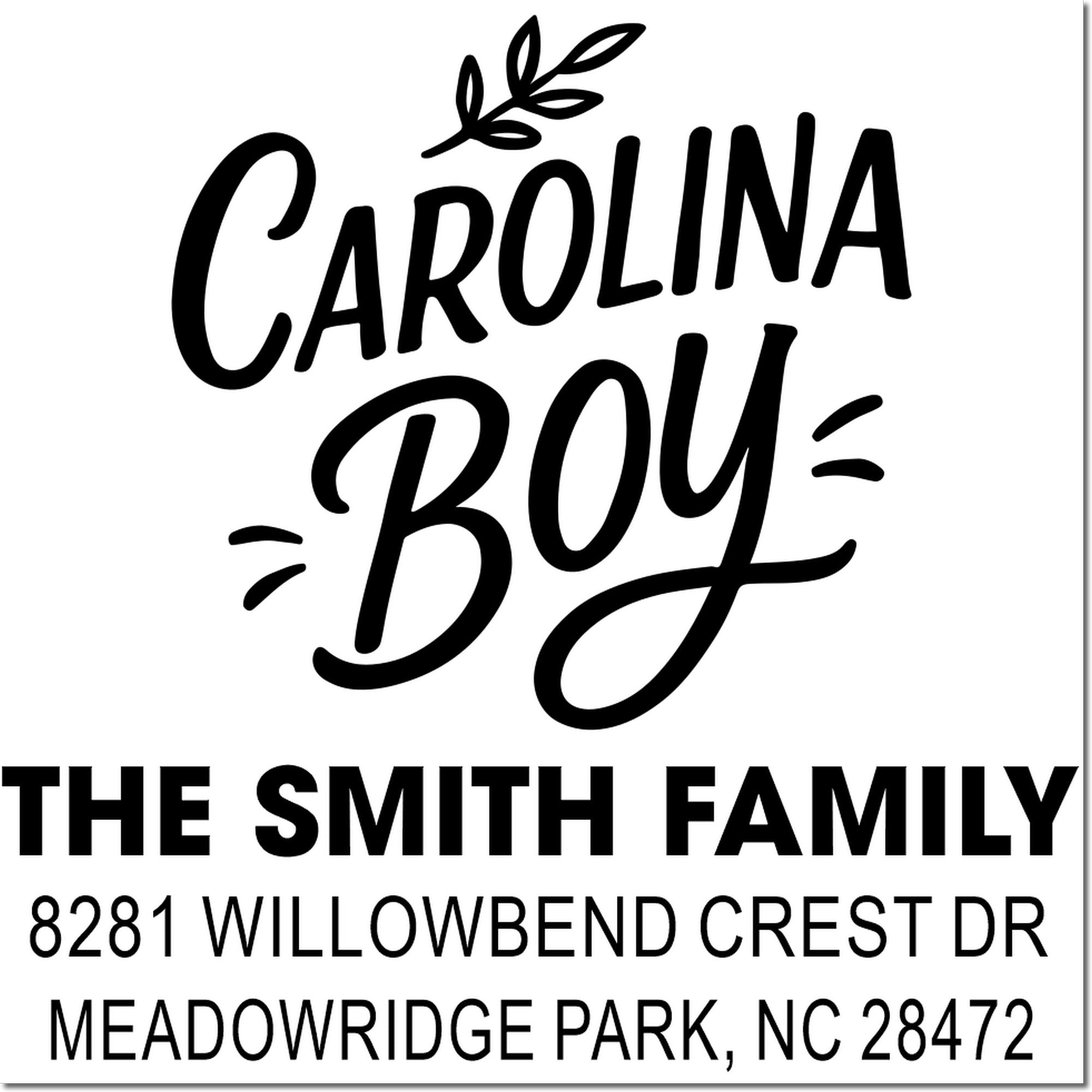 Personalized return address rubber stamp for The Smith Family in Carolina Boy style with Meadowridge Park, NC address.