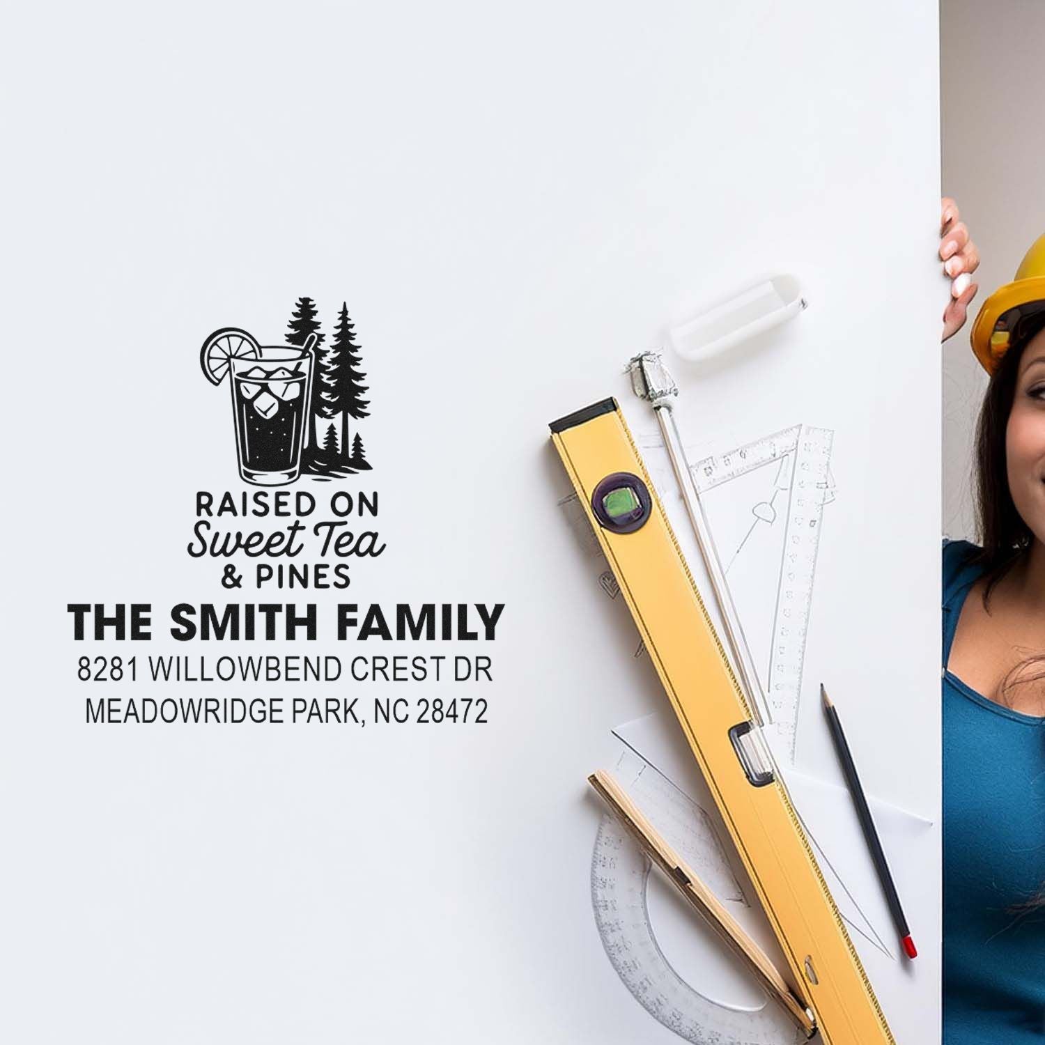 Custom rubber address stamp with sweet tea and pine trees design for The Smith Family, ideal for personalized home mail.