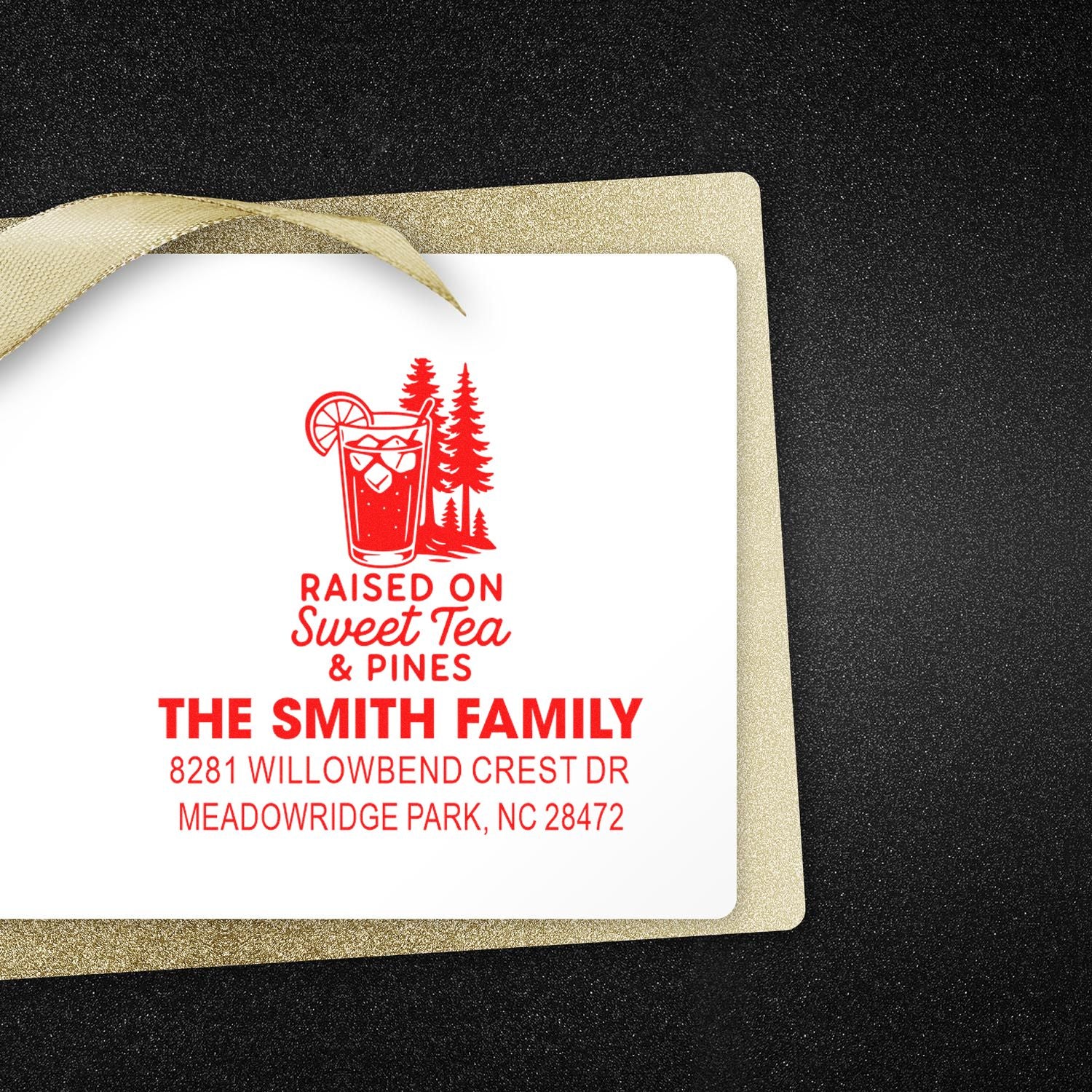 Custom family address rubber stamp with Raised on Sweet Tea & Pines design for The Smith Family.