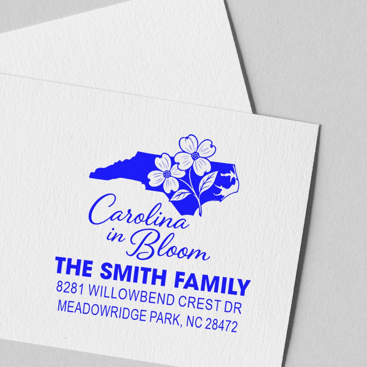 Custom return address rubber stamp with North Carolina floral design for Carolina in Bloom and the Smith family.