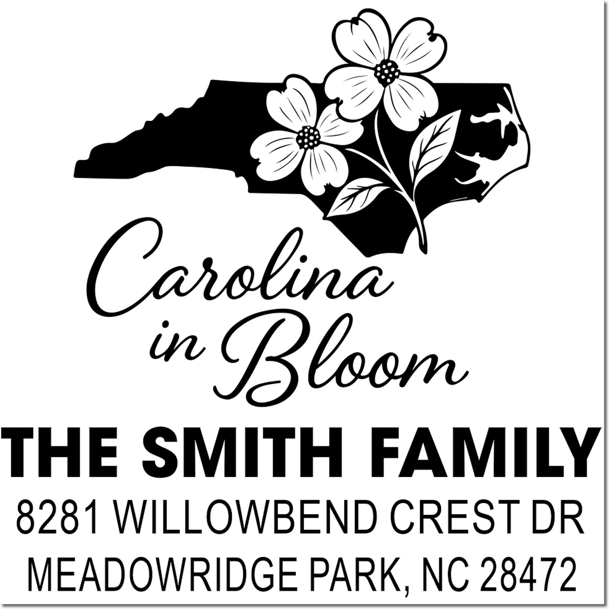 Custom North Carolina floral address stamp for The Smith Family, 8281 Willowbend Crest Dr, Meadowridge Park, NC 28472.