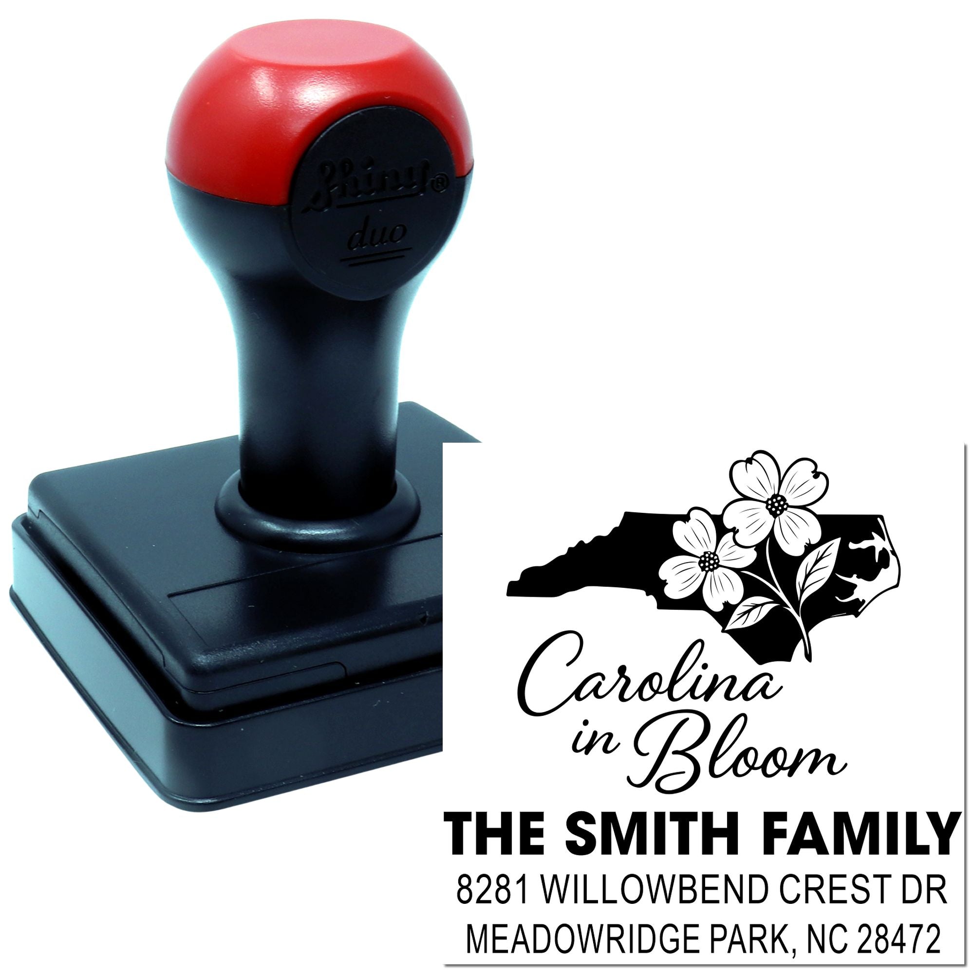 Custom self-inking address rubber stamp with North Carolina floral design for personalized family mailings.