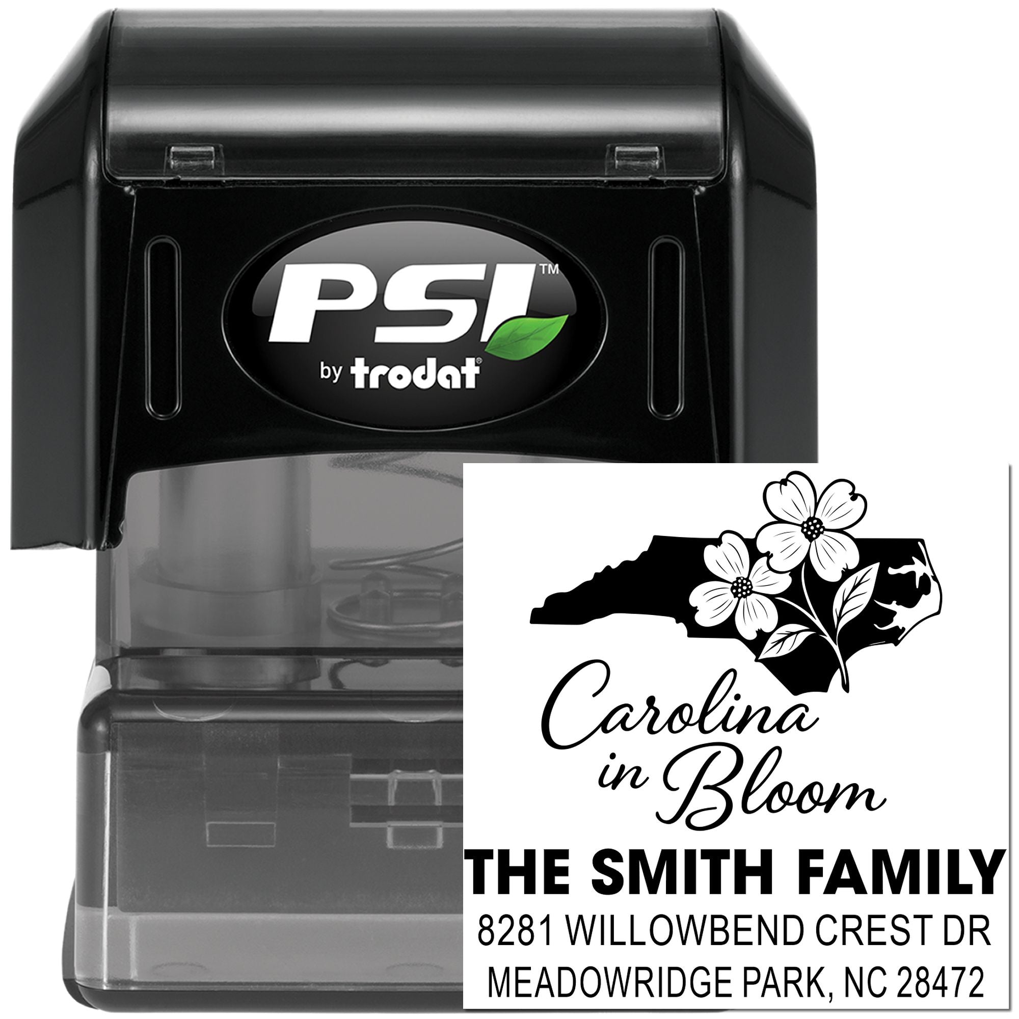 Custom self-inking address rubber stamp with North Carolina floral design for family mailings and personalized return labels.