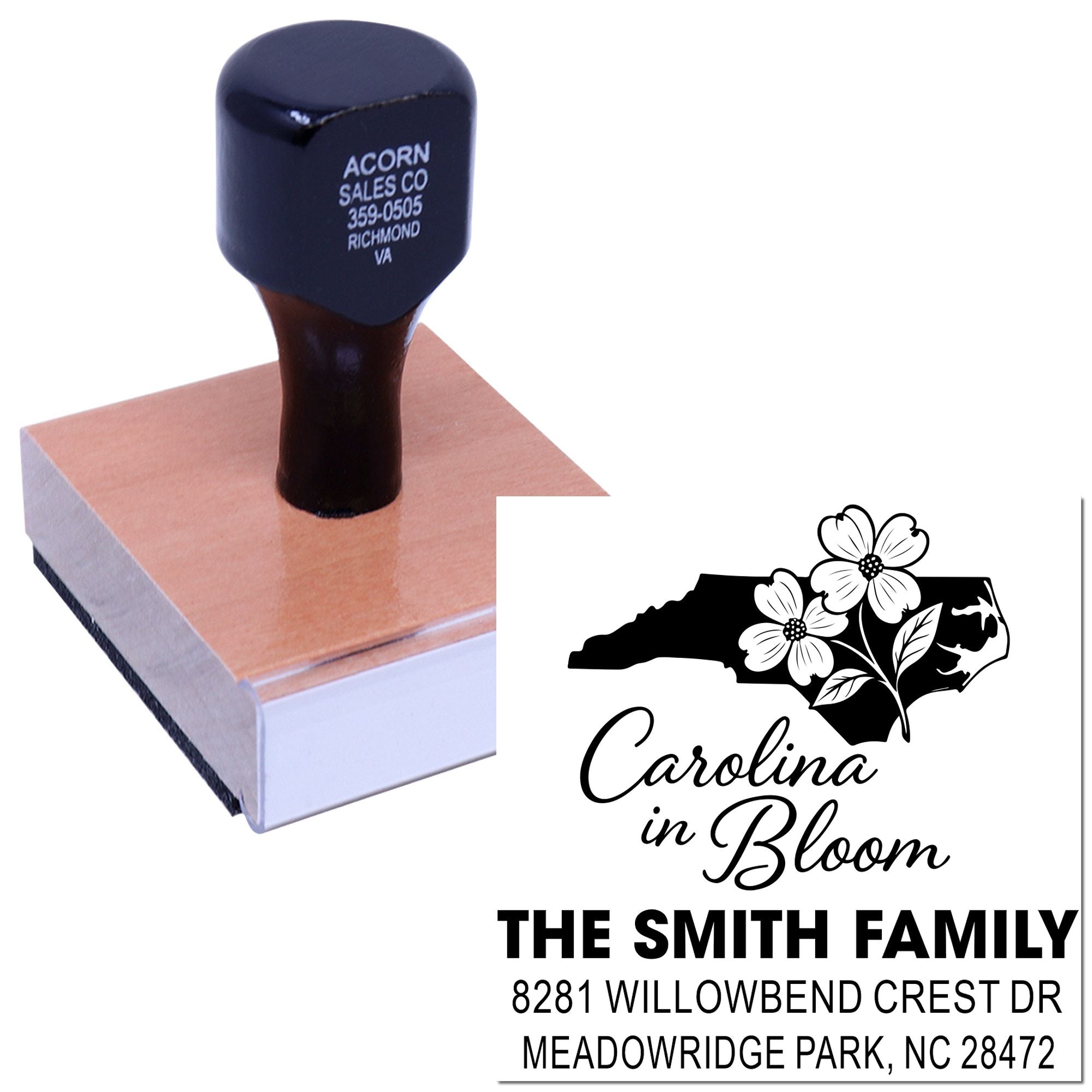 Custom address rubber stamp with North Carolina state design for The Smith Family and Meadowridge Park, NC.